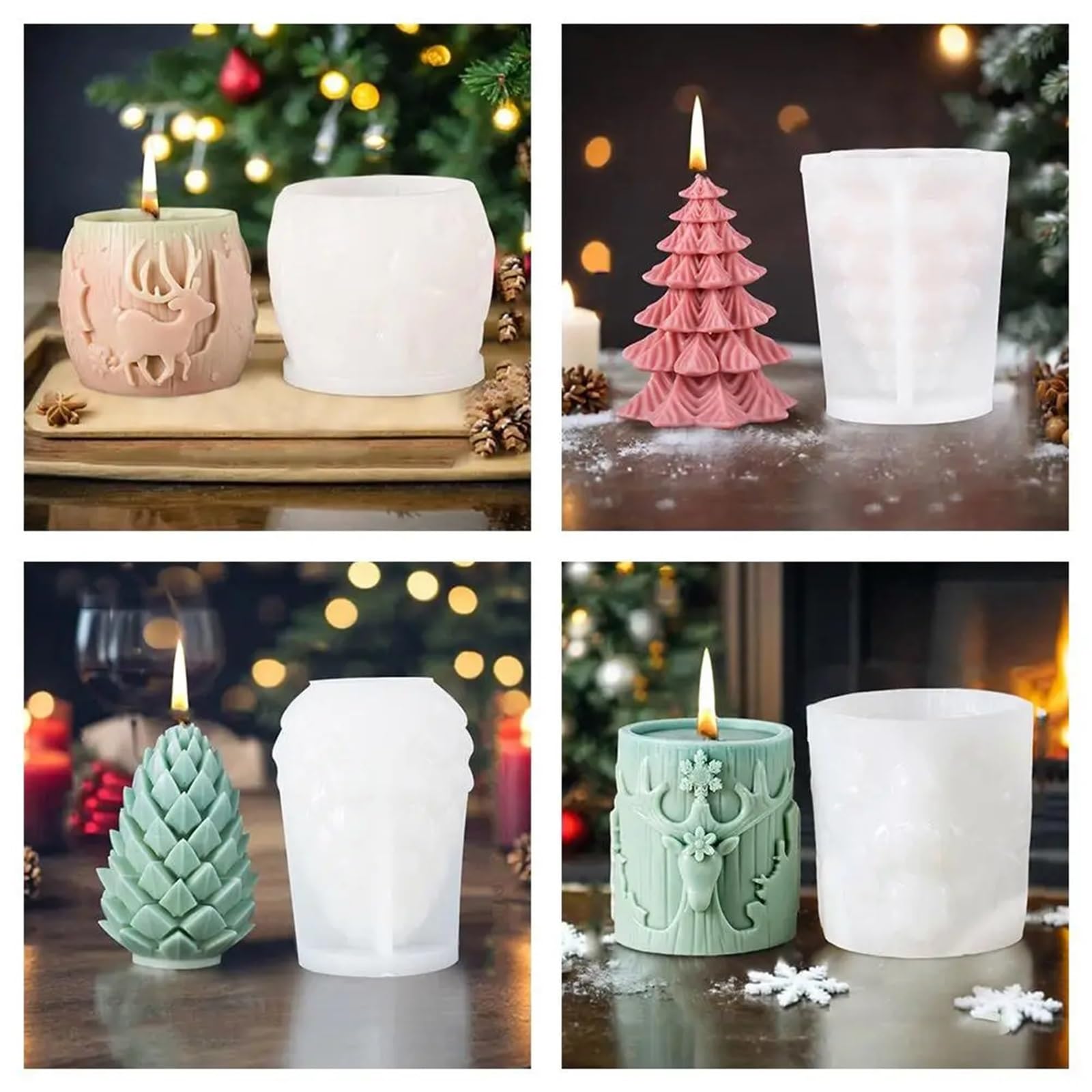7 Uds. De vela cilíndrica con patrón de tallado árbol Navidad, molde silicona 3D, cilíndrico for alce y copo nieve Reno para Velas(Clear07)