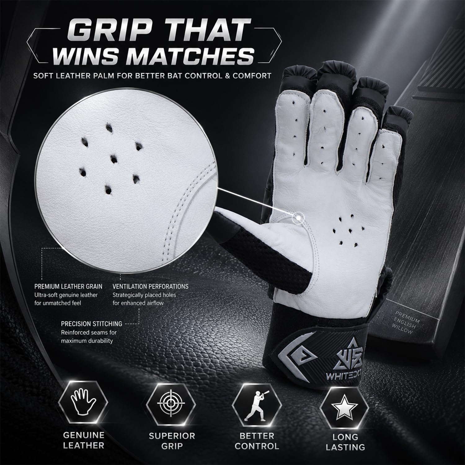 WHITEDOT Sports Dot 2.1 Cricket Batting Gloves||Suitable for Youth|Medium Left Hand||Black, Leather 2