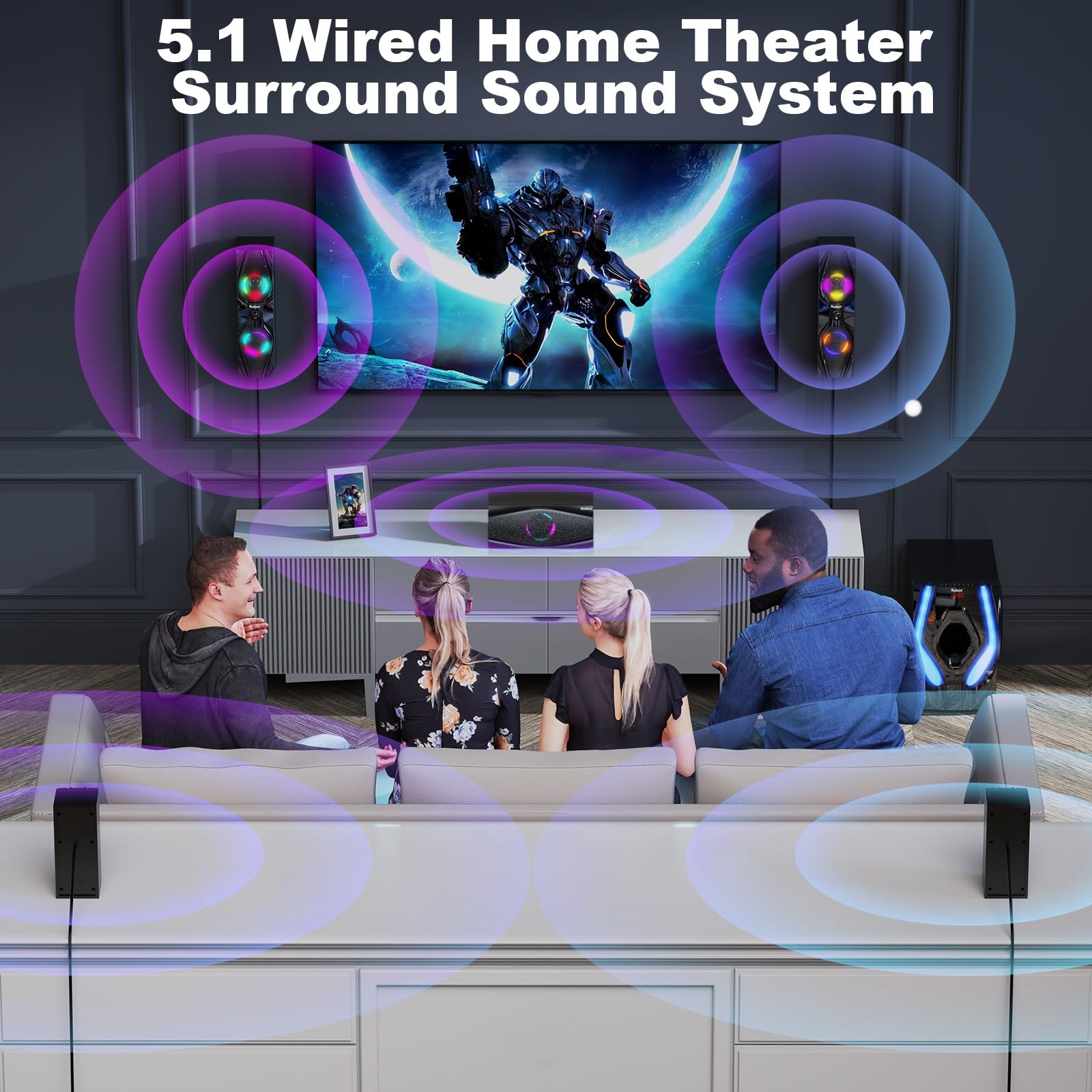 Bobtot Sistema home cinema con altoparlanti surround sound – 1200 Watt, subwoofer da 10 pollici, sistema audio 5.1 con ARC, ingresso Bluetooth ottico (adattatore da spina US a EU incluso nella