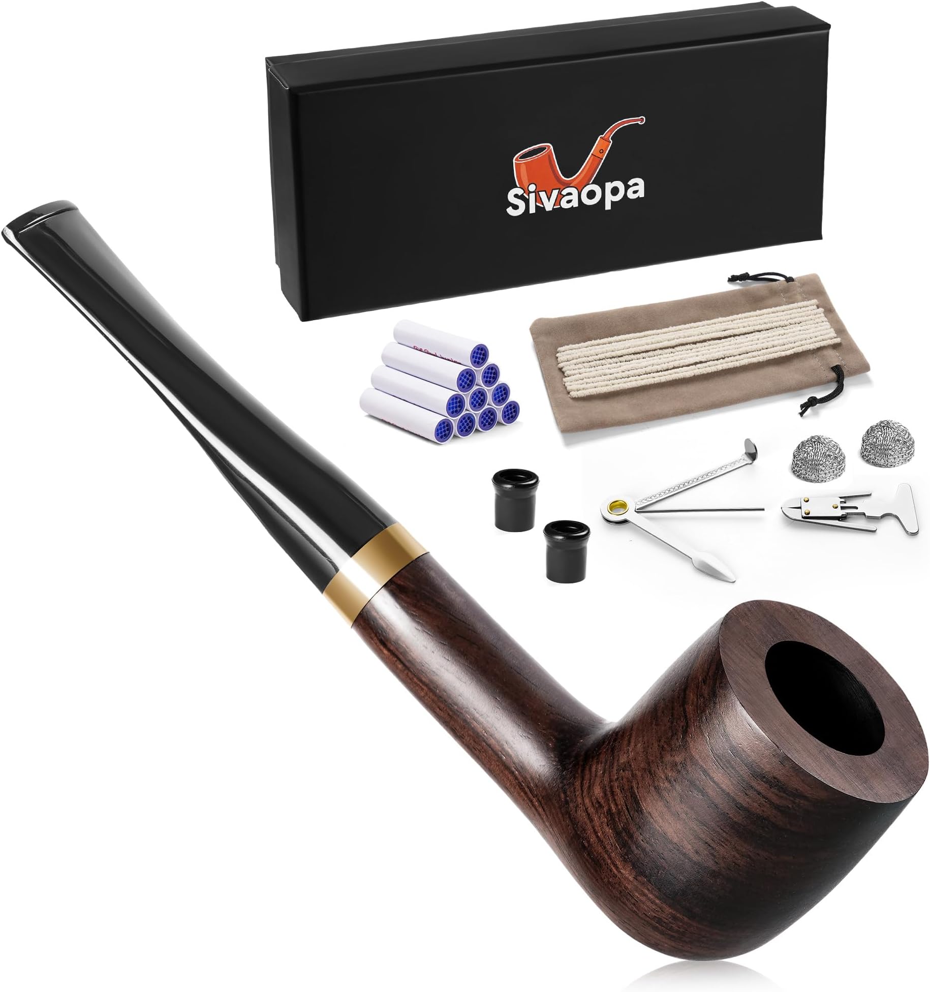 Ebony Straight Tobacco Pipe – Handmade Wooden Pipe with Classic Design, Cleaning Set & Travel Pouch – Portable Gift for Gentleman, Vintage Office Accessory