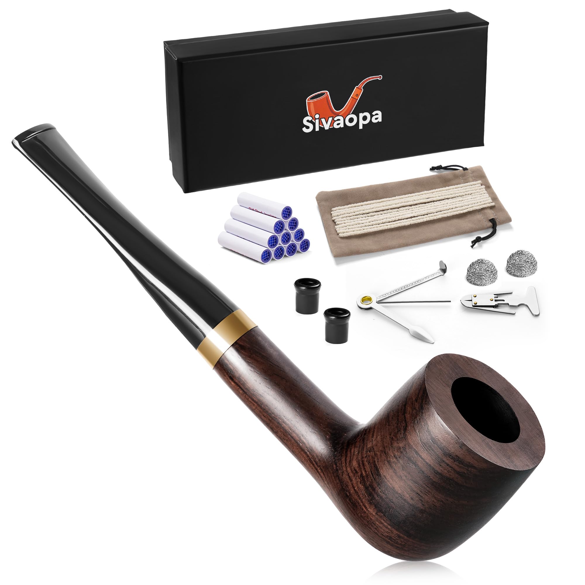 Ebony Straight Tobacco Pipe – Handmade Wooden Pipe with Classic Design, Cleaning Set & Travel Pouch – Portable Gift for Gentleman, Vintage Office Accessory
