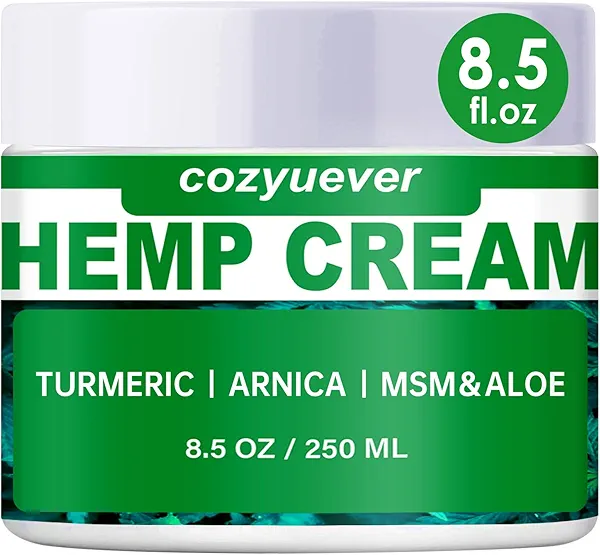 cozyuever 8.5 Oz Hemp Cream with Arnica,Msm,Turmeric,Emu Oil - Knees,Neck,Back,Elbows,Finge
