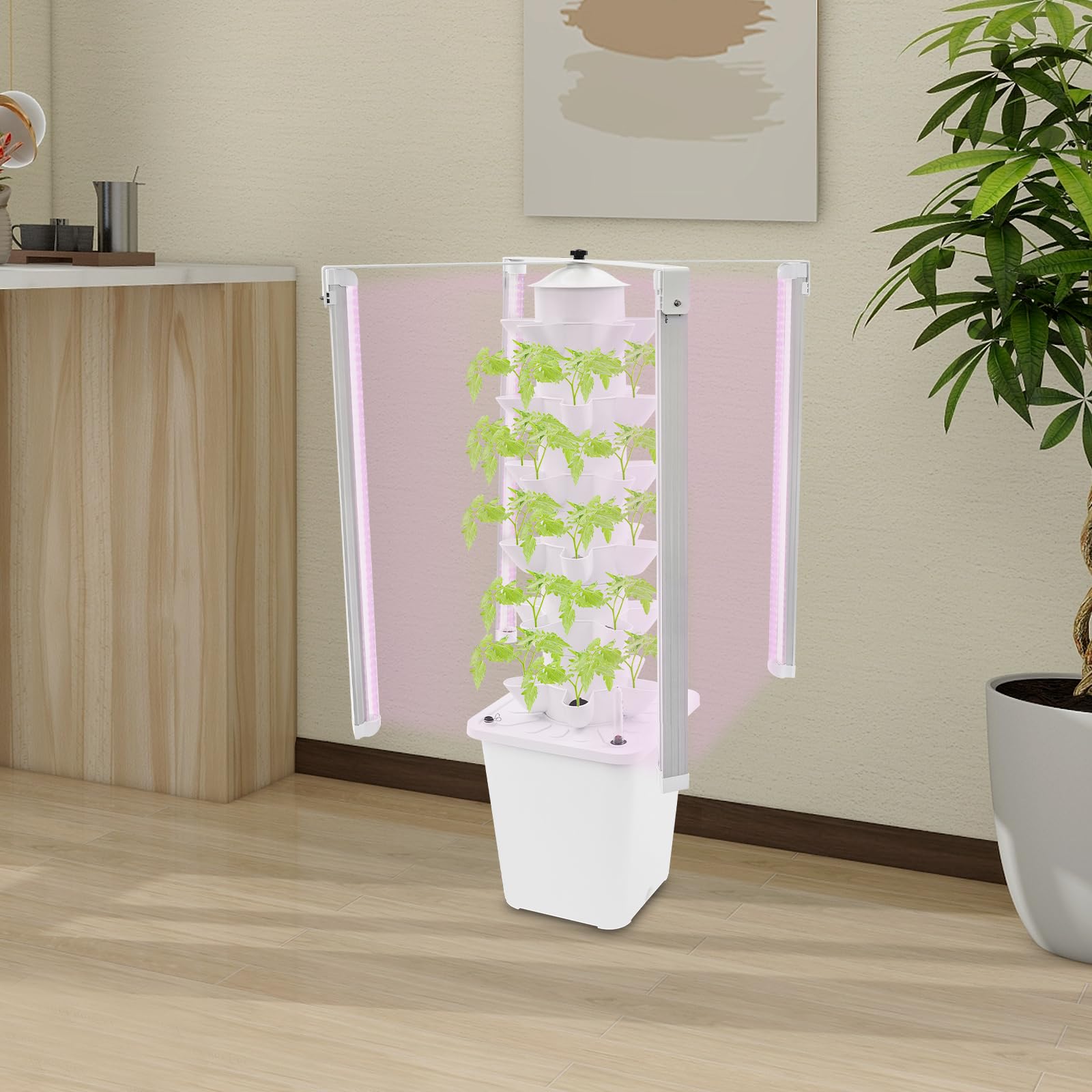 Tour de culture hydroponique verticale avec 6 étages, 30 trous de plantation, 4 lumières LED de croissance avec minuterie, irrigation automatique, réservoir d'eau de 10 l, hauteur 85 cm