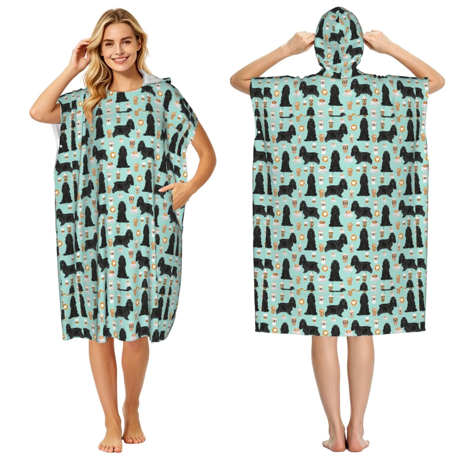 Poadnly Cocker Spaniel With Coffees Black Cocker Spaniel Dog, Adult Hooded Beach Towel 90 x 110 cm,Changing Bath Robe, Surf Poncho Towel For Women Men