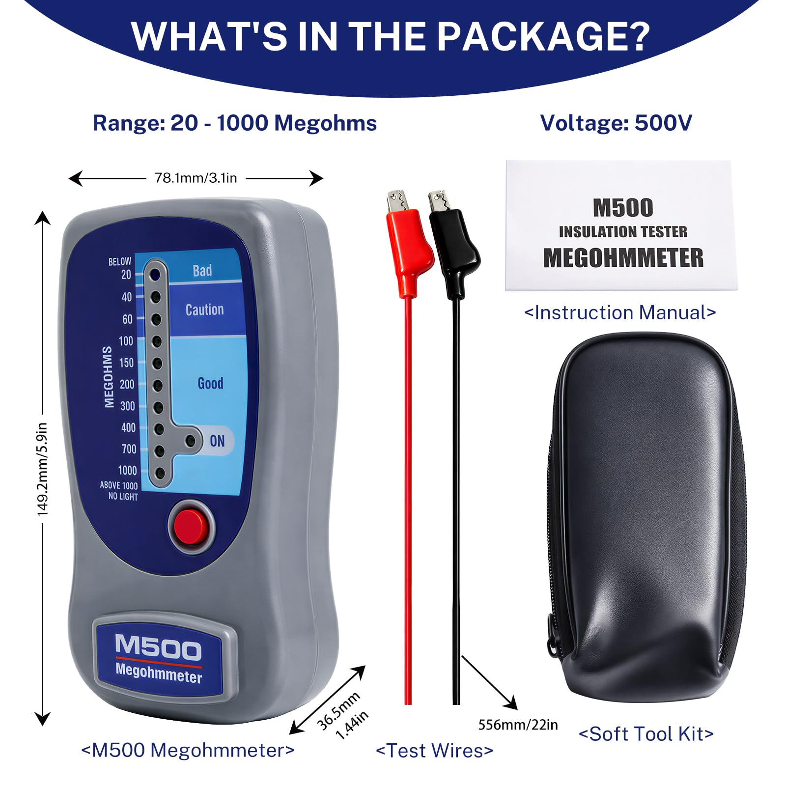 M500 Megohmmeter Portable Insulation Tester, with Soft Tool Kit — Amazon image 2