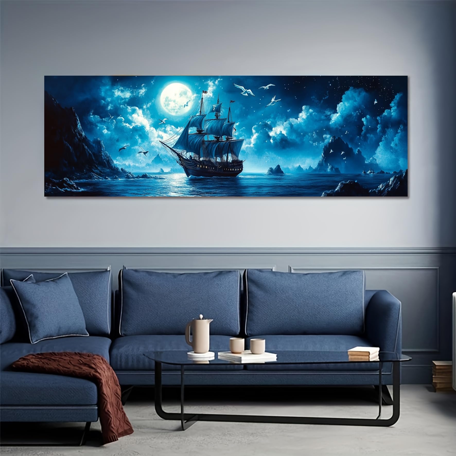 EGJEPWFH Pirate Ship Sailing Under Moonlight-Maritime Adventure Theme Polished Picture Minimalist Coastal Night Scene Poster Print(30x90cm/No frame)