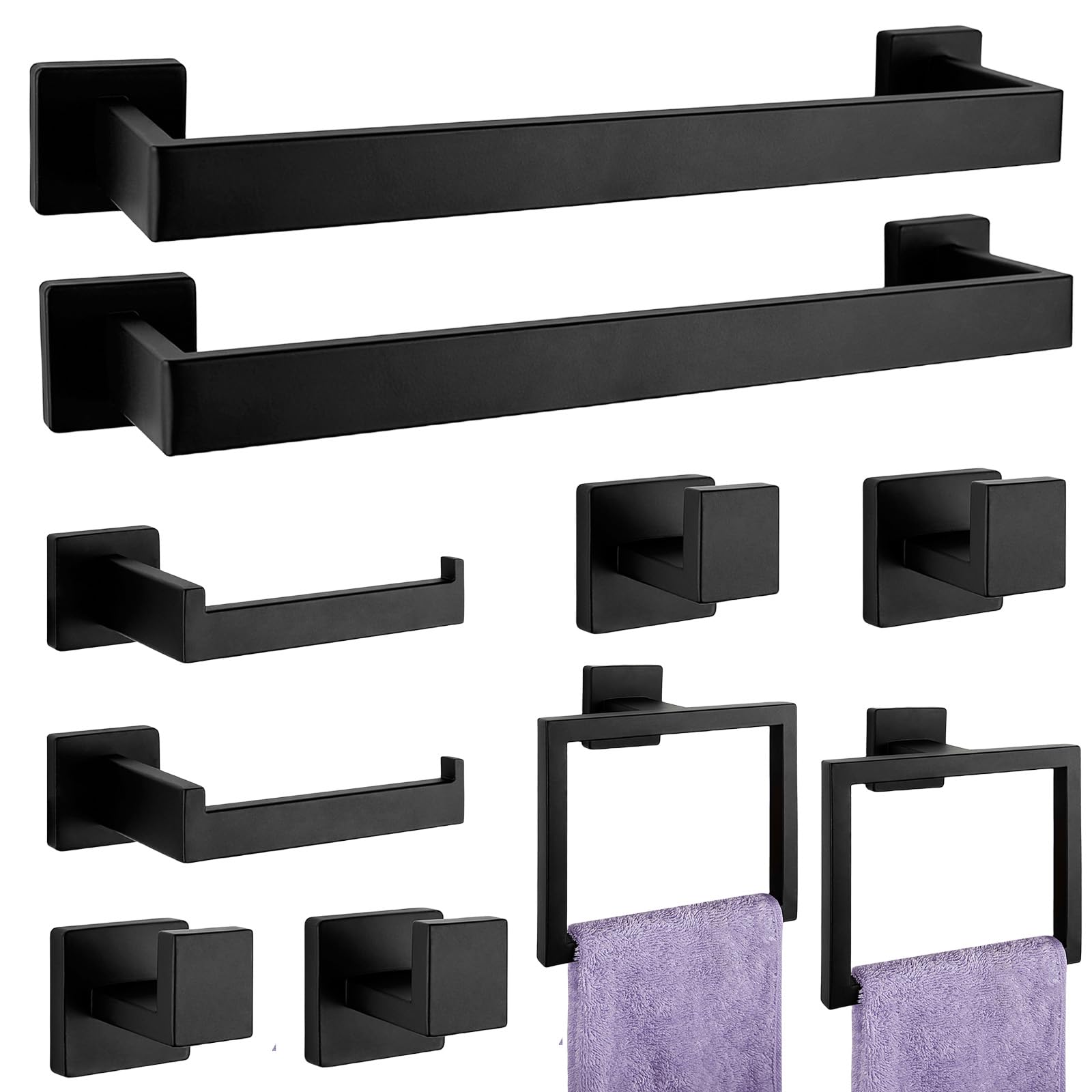 Bathroom Accessories Towel Bar Set: 10 Pieces Matte Black Bathroom Hardware Square SUS304 Stainless Steel - Wall Mounted Towel Rack&Toilet Paper Holder&Towel Ring and Towel Hook