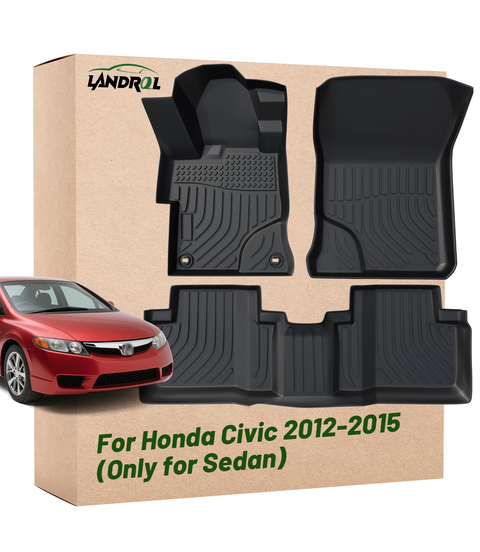 Landrol Car Floor Mats Replacement for Honda Civic Sedan Sedan Si 2012-2015 Not for Coupe Heavy Duty Liner