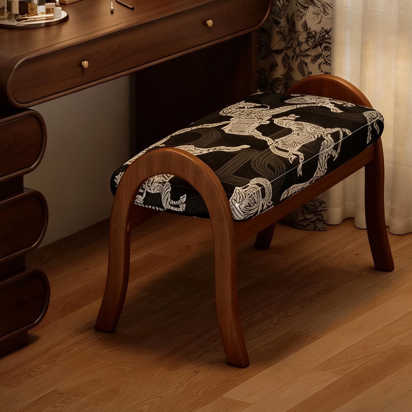 Banc ottoman vache en tissu de vison haut de gamme et pietement robuste pour chambre
