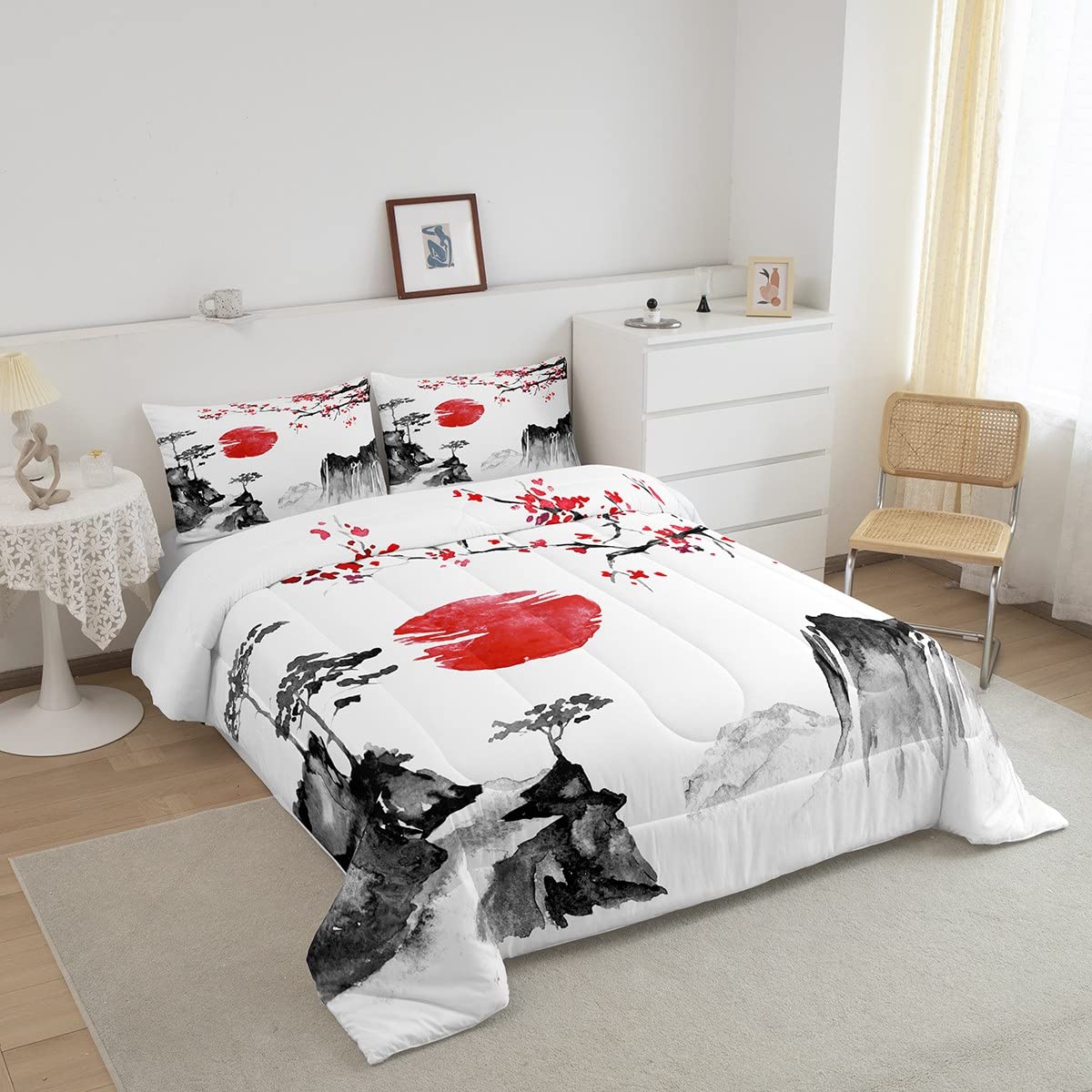 Loussiesd Japanische Ukiyoe Bettdecke 135x200cm Kirschblüten Rote Sonne Steppbett für Kinder Jungen Mädchen Tinte Japanischen Stil 4-Jahreszeiten Bettdecke Exotischer Stil Dekor mit 1 Kissenbezug