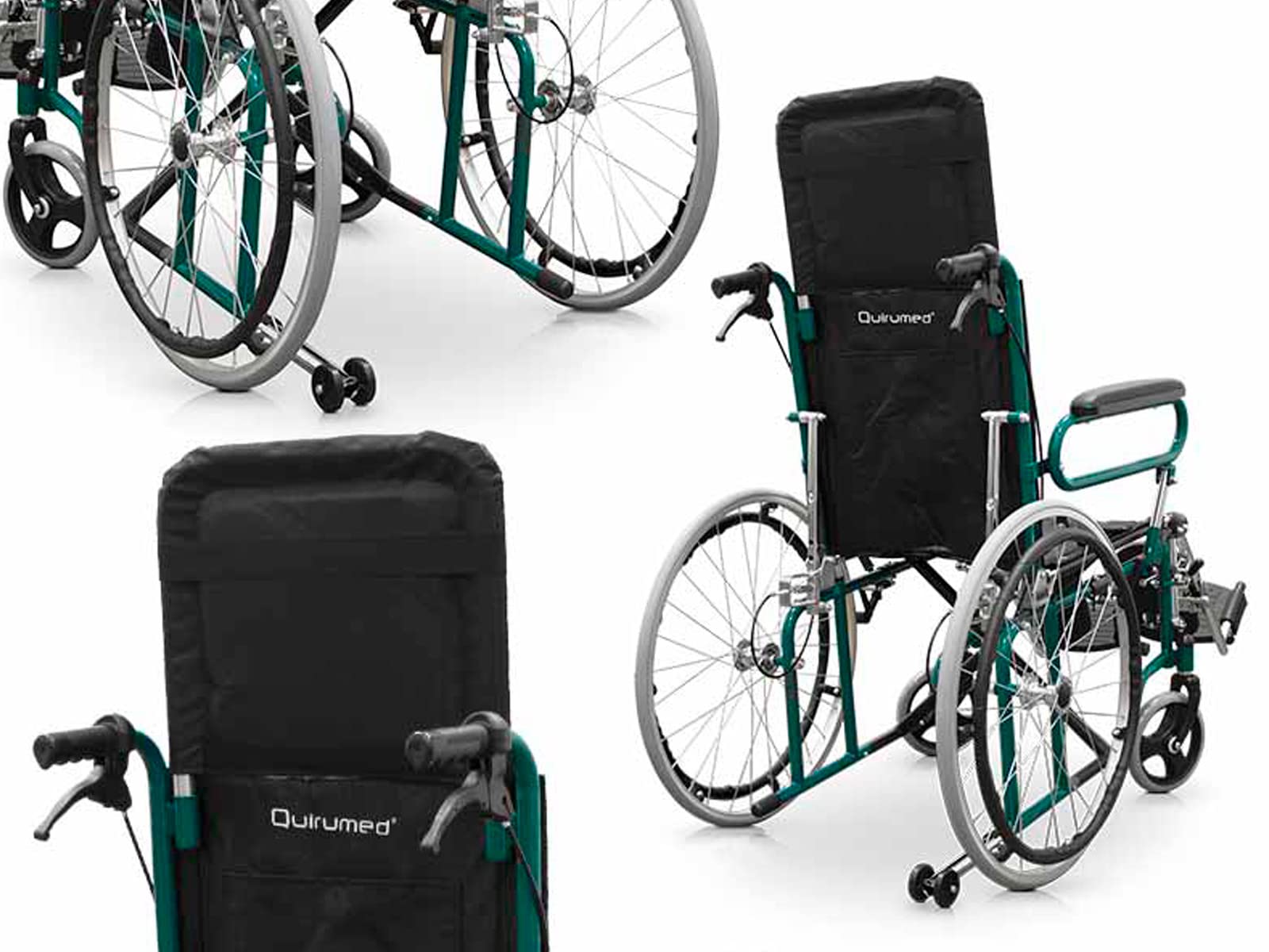 QUIRUMED Silla de ruedas reclinable con reposacabezas, Asiento 46 cm, Ligera, Plegable, Reposabrazos abatibles, Ruedines antivuelco, Frenos de mano y en manetas, Para mayores, Para minusválidos