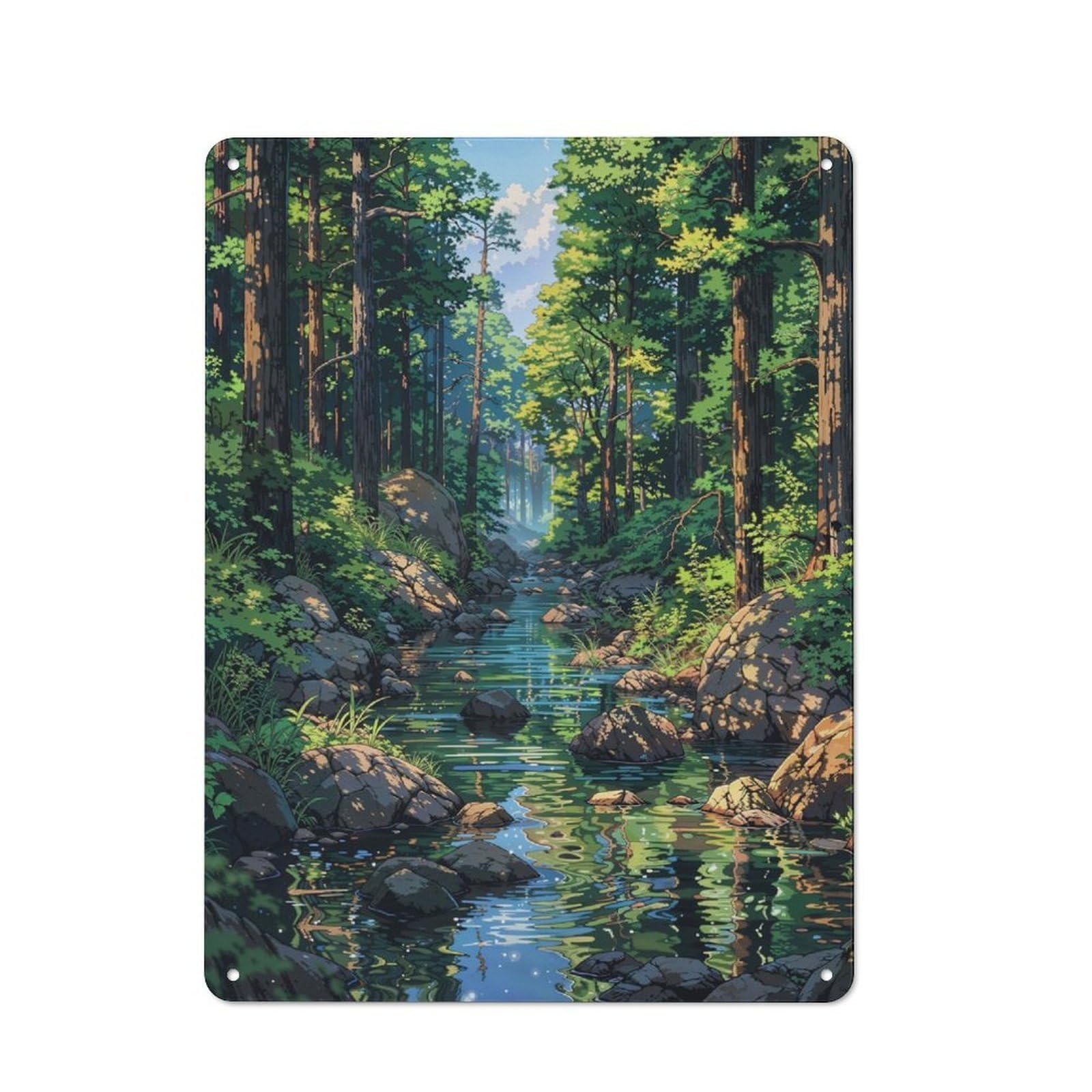 Junmoney Anime River Forest Fantasy Metal Plaque 40X30cm With For Garage Wall, Rustic Decor, For Winter Interiors And Metal Sign Collectors