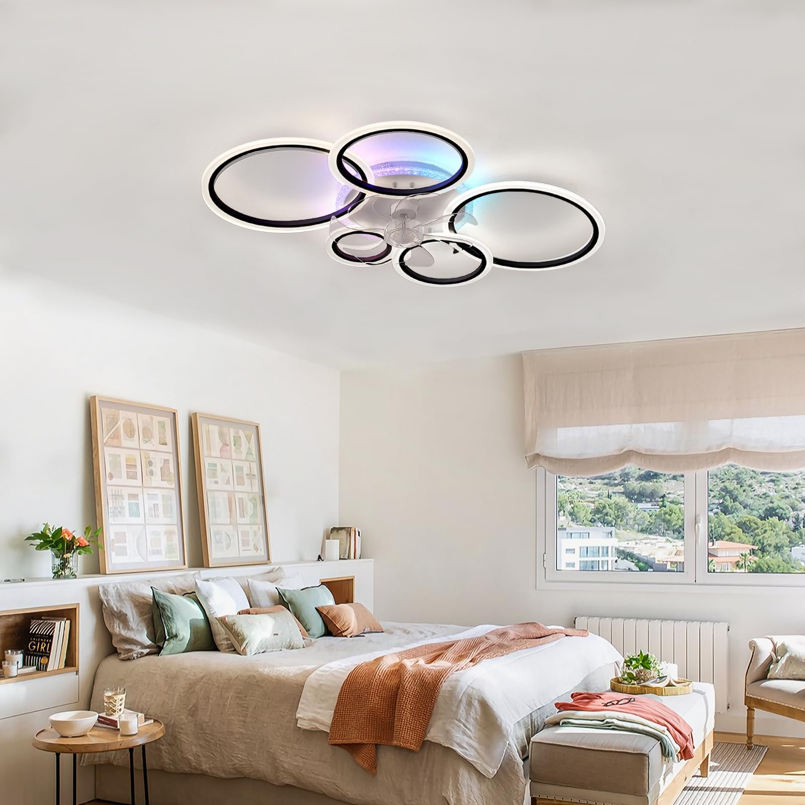 95cm RGB Deckenleuchte Mit Ventilator Groß Dimmbar, Reversibel Deckenleuchte Mit Ventilator Und Fernbedienung App, Modern Deckenventilator Mit Beleuchtung 72w Wohnzimmer Leise Timer-Black