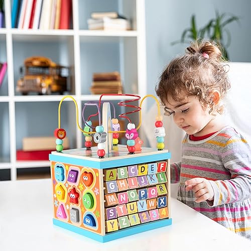 Miniatura 2 de Qilay Cubo de actividades de madera para niños pequeños (grande), 5 en 1, multiusos, ABC-123, clasificador de formas de laberinto de cuentas de