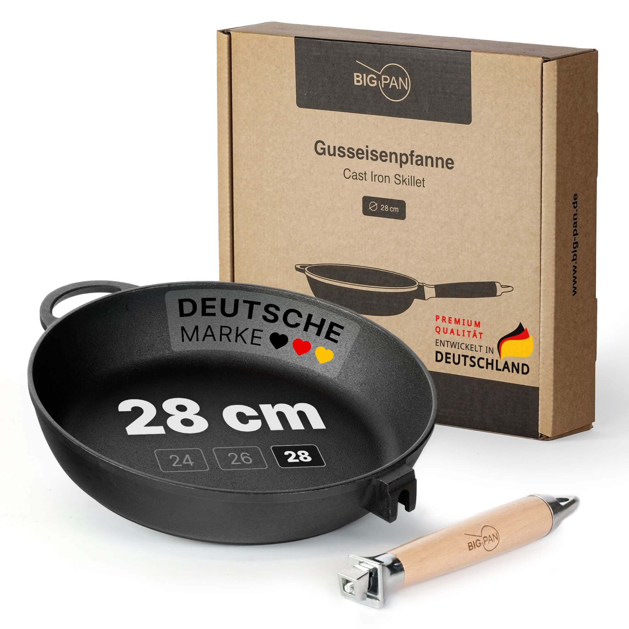 Premium Gusseisenpfanne Induktion 28 cm Pfanne Gusseisen UNBESCHICHTET sandgestrahlt universell Cast Iron Pan für alle Herdarten kratzfest Bratpfanne backofenfest Gusspfanne Eisenpfanne