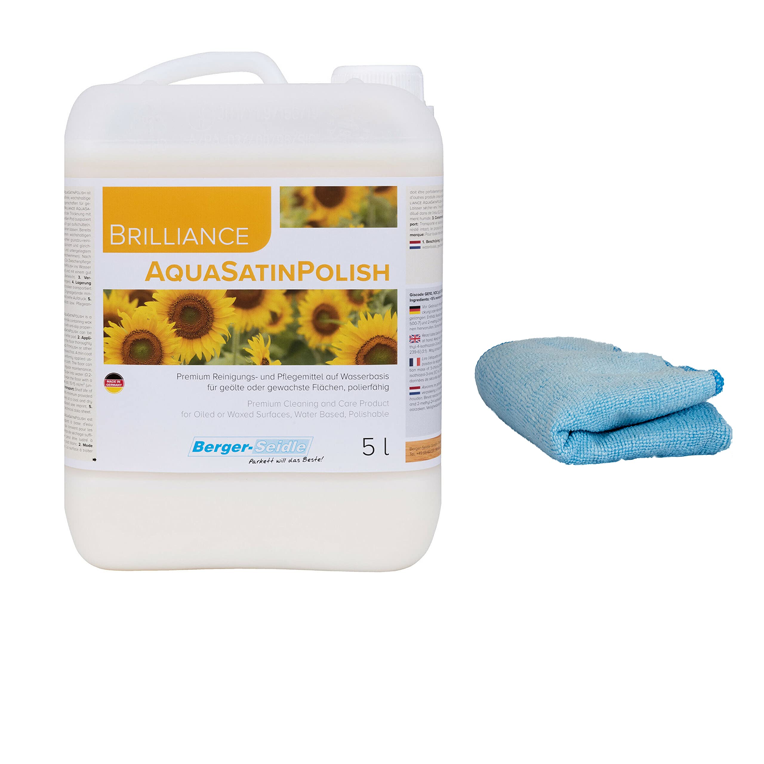 Berger-Seidle Brilliance Aqua-Satin Polish 5 litri di detergente e cura per pavimenti in legno oliato e oliato/cerato + panno per lucidare