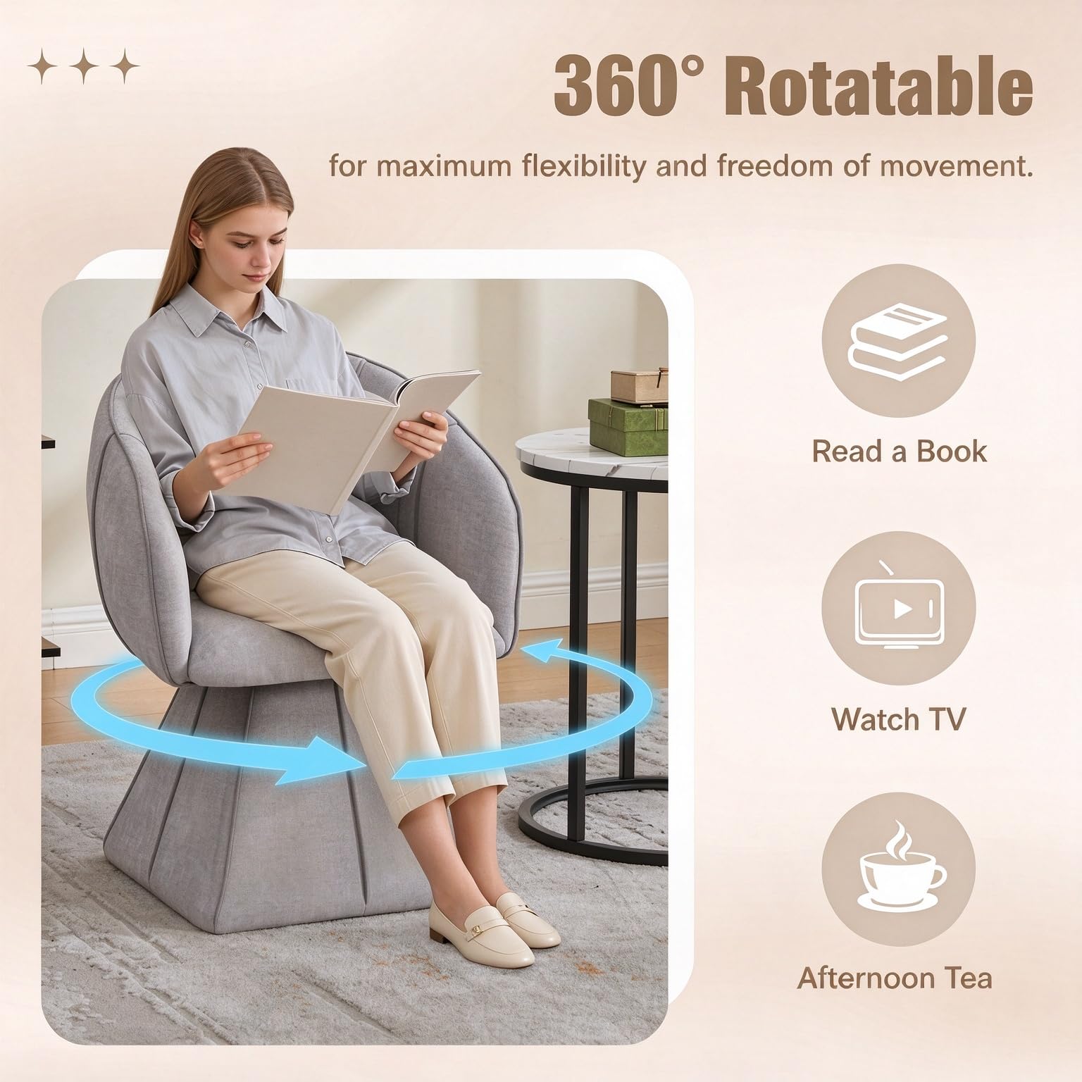Fauteuil Pivotant en Chenille Gris, pour Le Salon Et La Chambre