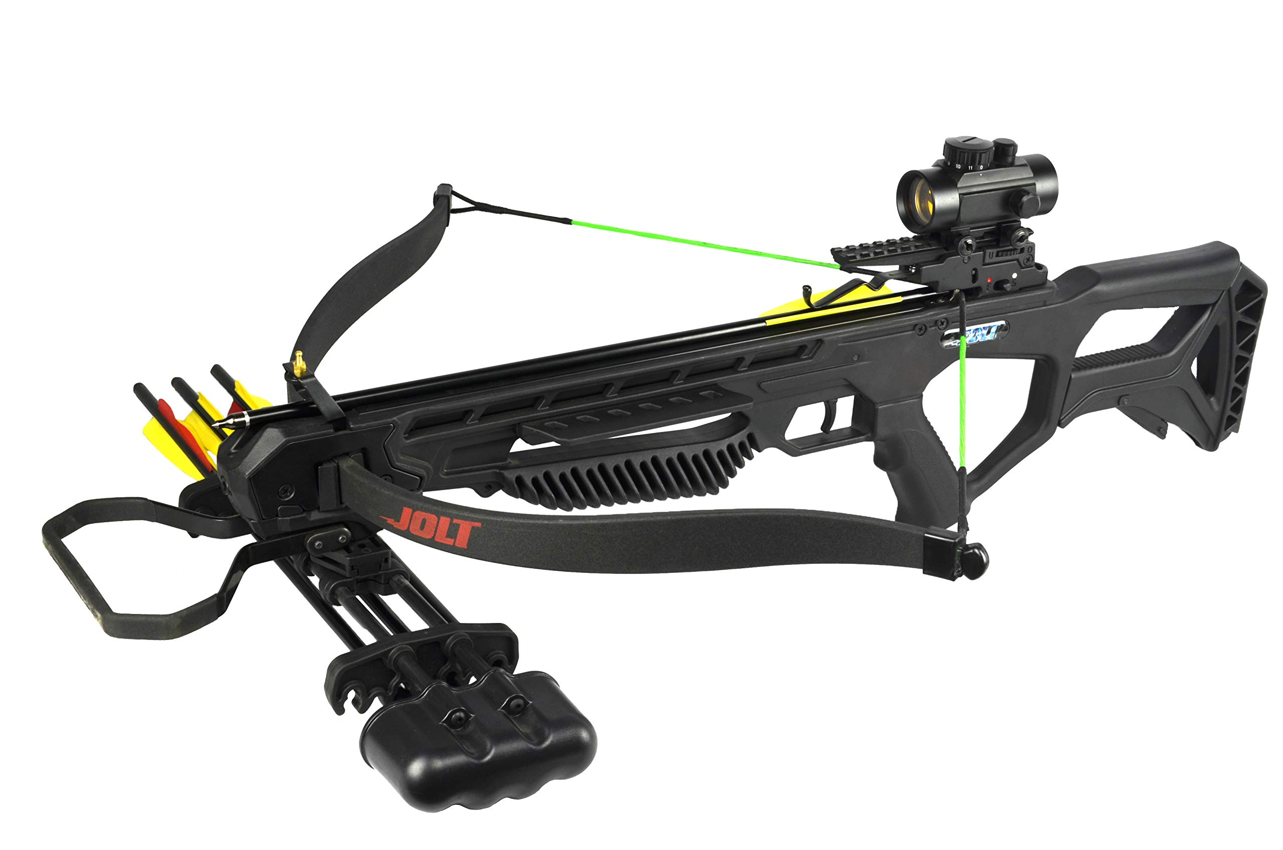 PSE Archery Jolt Hunting Crossbow & Arrow Package Recurve Style Limbs 175 lb Draw Weight Red Dot Scope Rubber Coated Foot Stirrup 250 FPS Extra 4 Arrows