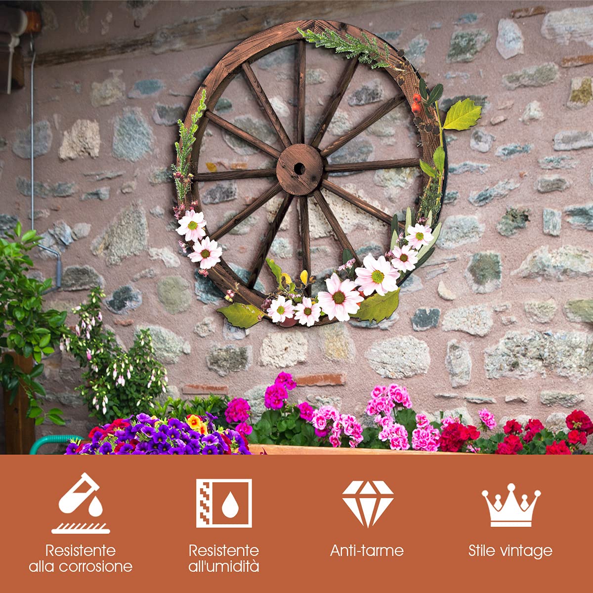 GYMAX 2 Ruote in Legno, Ruota Decorativa Interno & Esterno, Marrone 76 x 76 x 3,5 cm