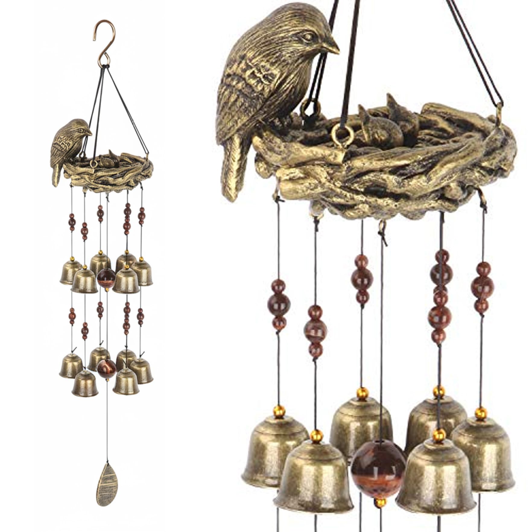 Bird Wind Chimes Vintage Bronze Wind Chime for Outdoor & Indoor Handcrafted Bird Nest Design with 12 Copper Bells 25 Inch Art Decor - Chime