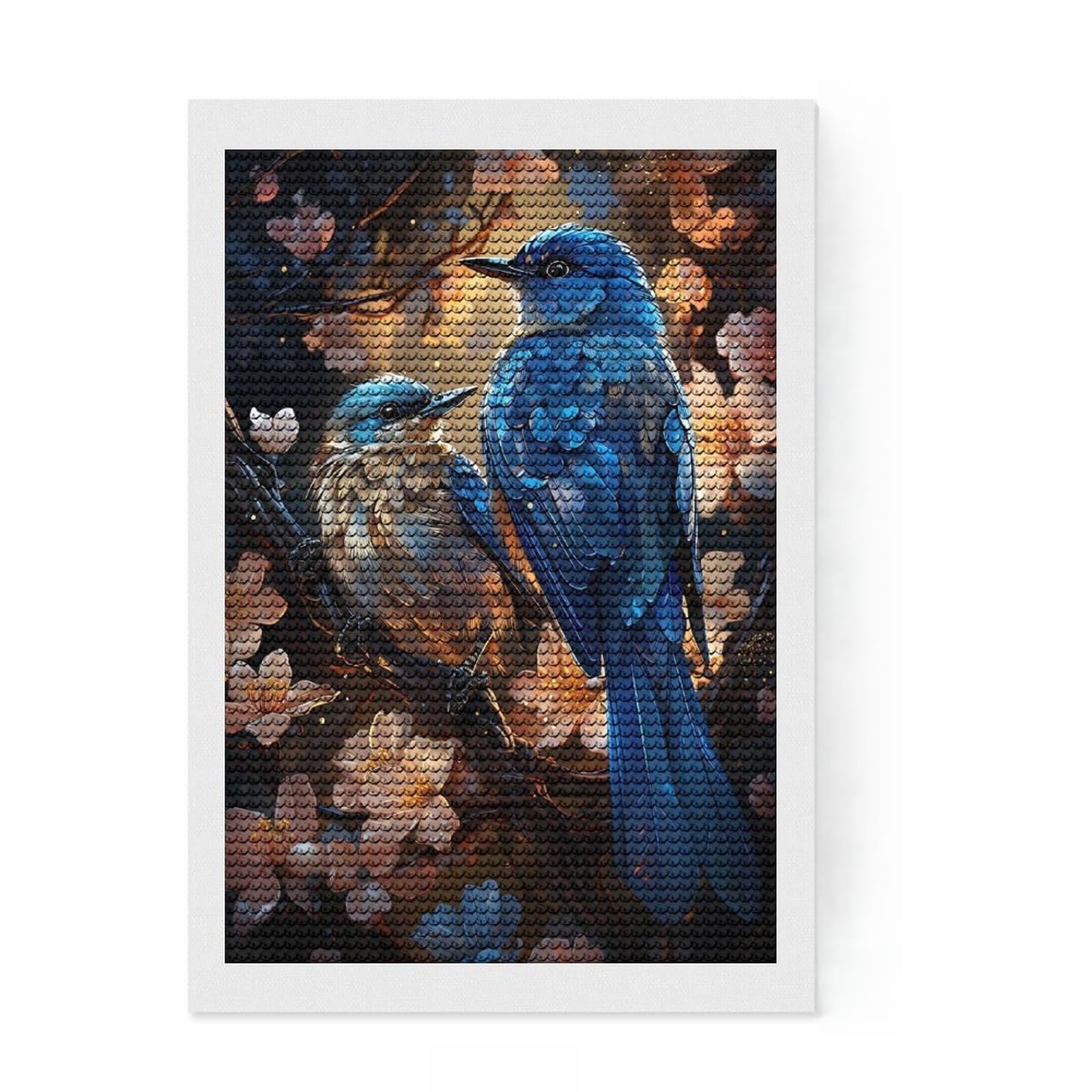 Junmoney Blue Birds in Flowers Diamond Painting Kit 8"x12", Mindful Craft Activity, Neat Printed Canvas, Modern Decor, Gift Idea, Adhesive Canvas