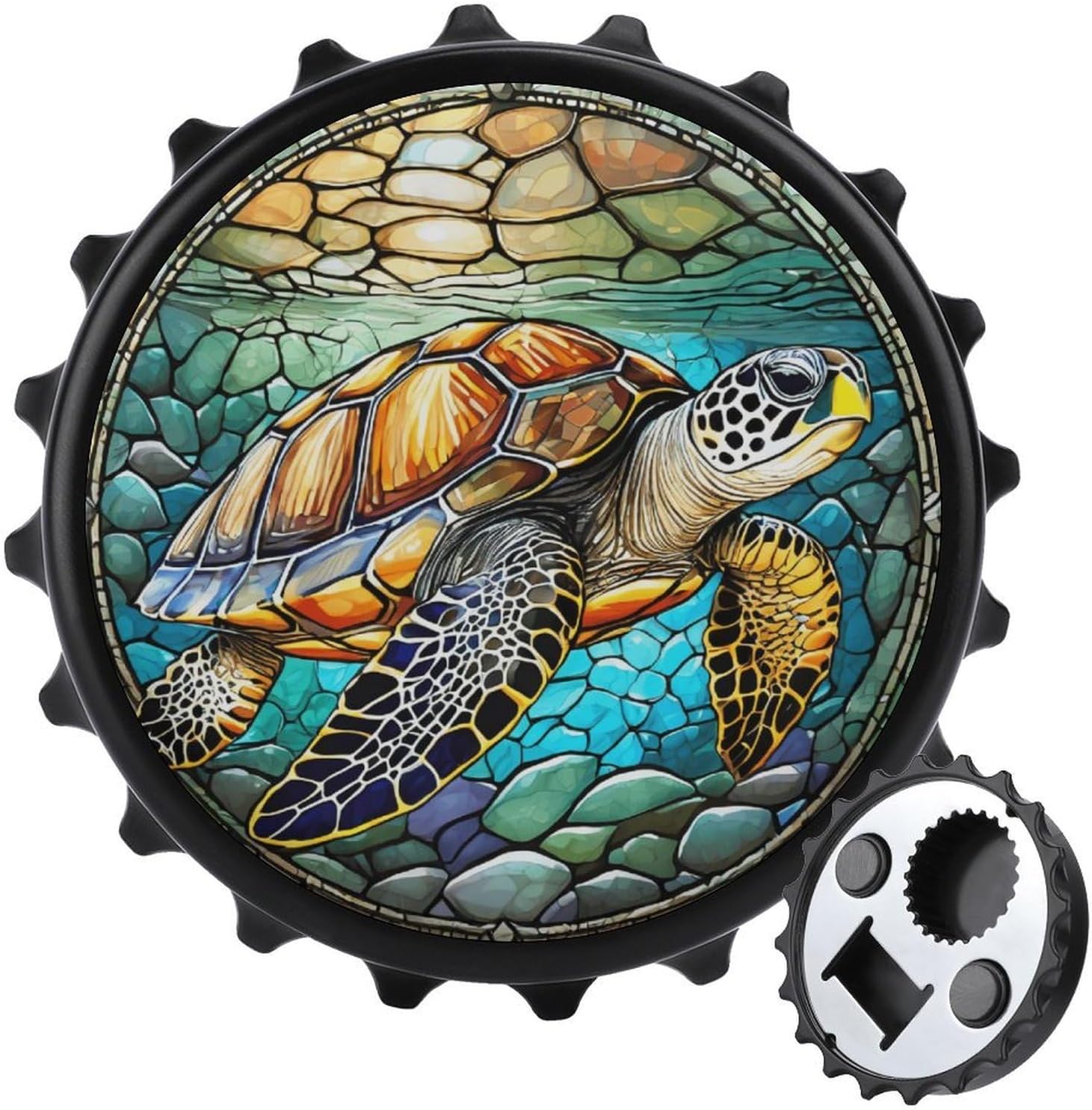 Sea Turtle Refrigerator Magnets - Bottle Cap Catcher - Fridge Magnets for Coffee House Dessert Shop - Unique Gifts - Kitchen Accessories - Pet Owner Ornament (Stained Glass Style Art)