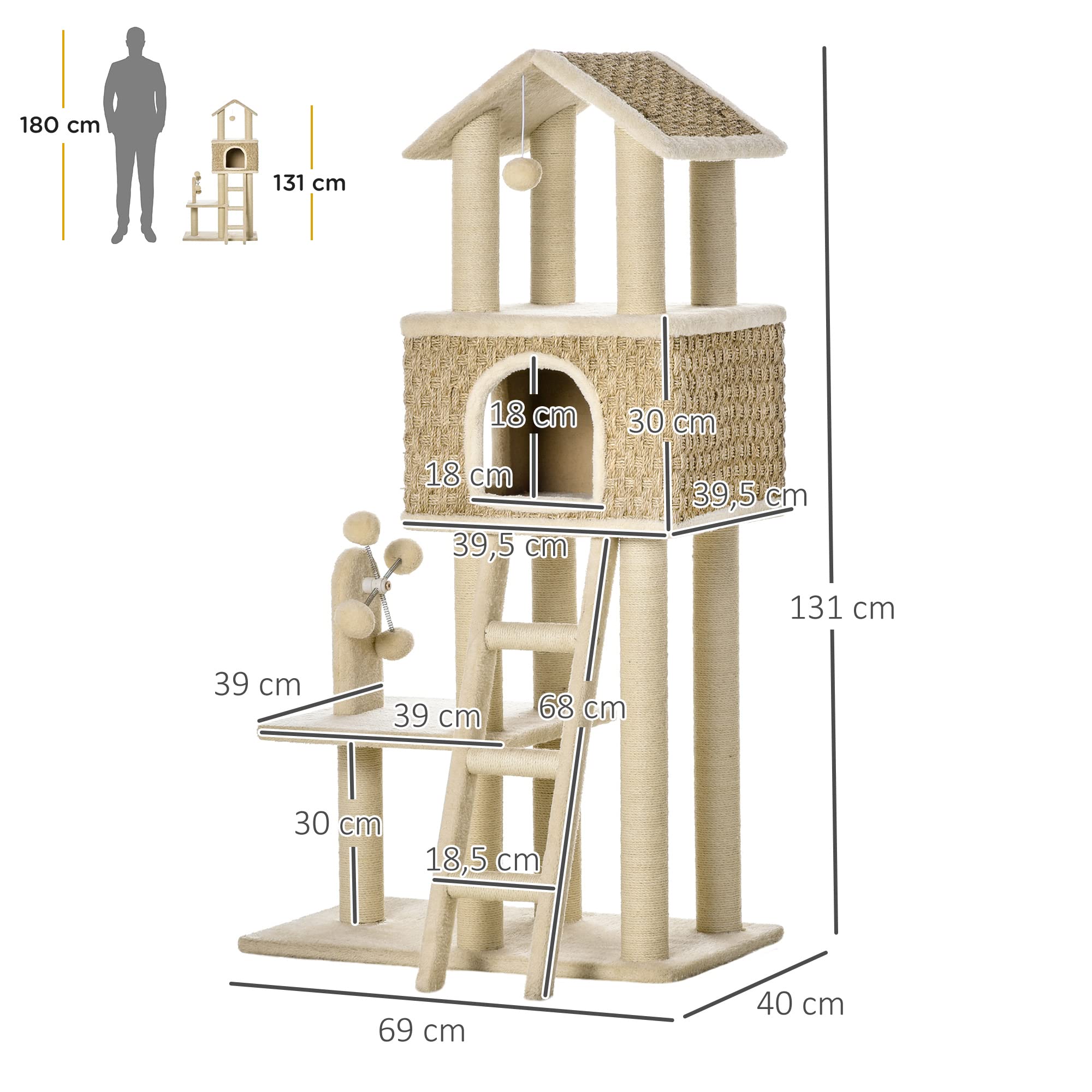 PawHut Drapak dla kota o wysokości 130 cm, drzewko do wspinaczki z jamą dla kotów, piłeczkami jutowymi, duża platforma, płyta wiórowa, pluszowy khaki + beżowy