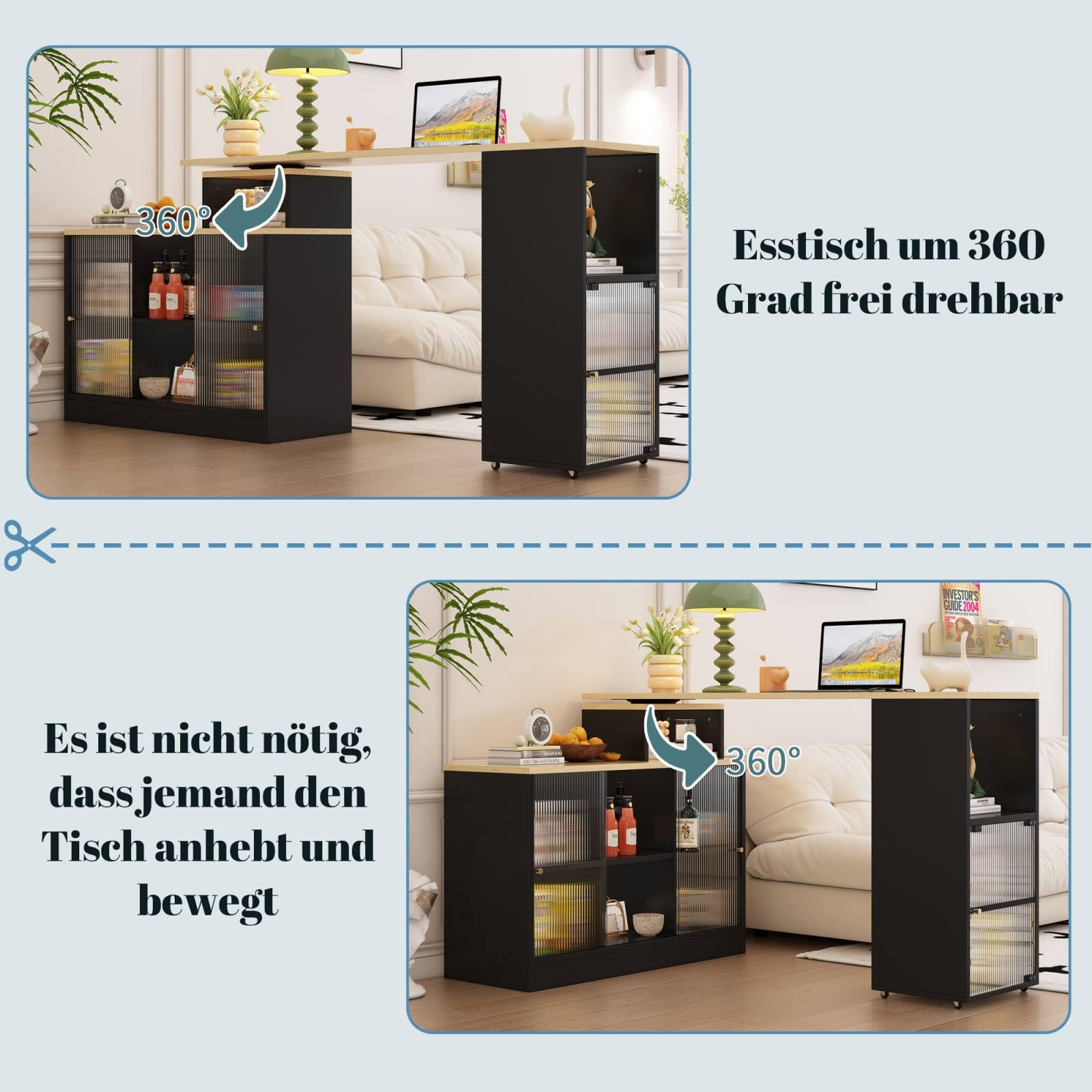 Table De Bar Extensible Avec Rangement - Blanc/noir - Longueur 138-204 Cm, Hauteur 105 Cm - Pivotante 360°, 2 Tiroirs, 2 Portes