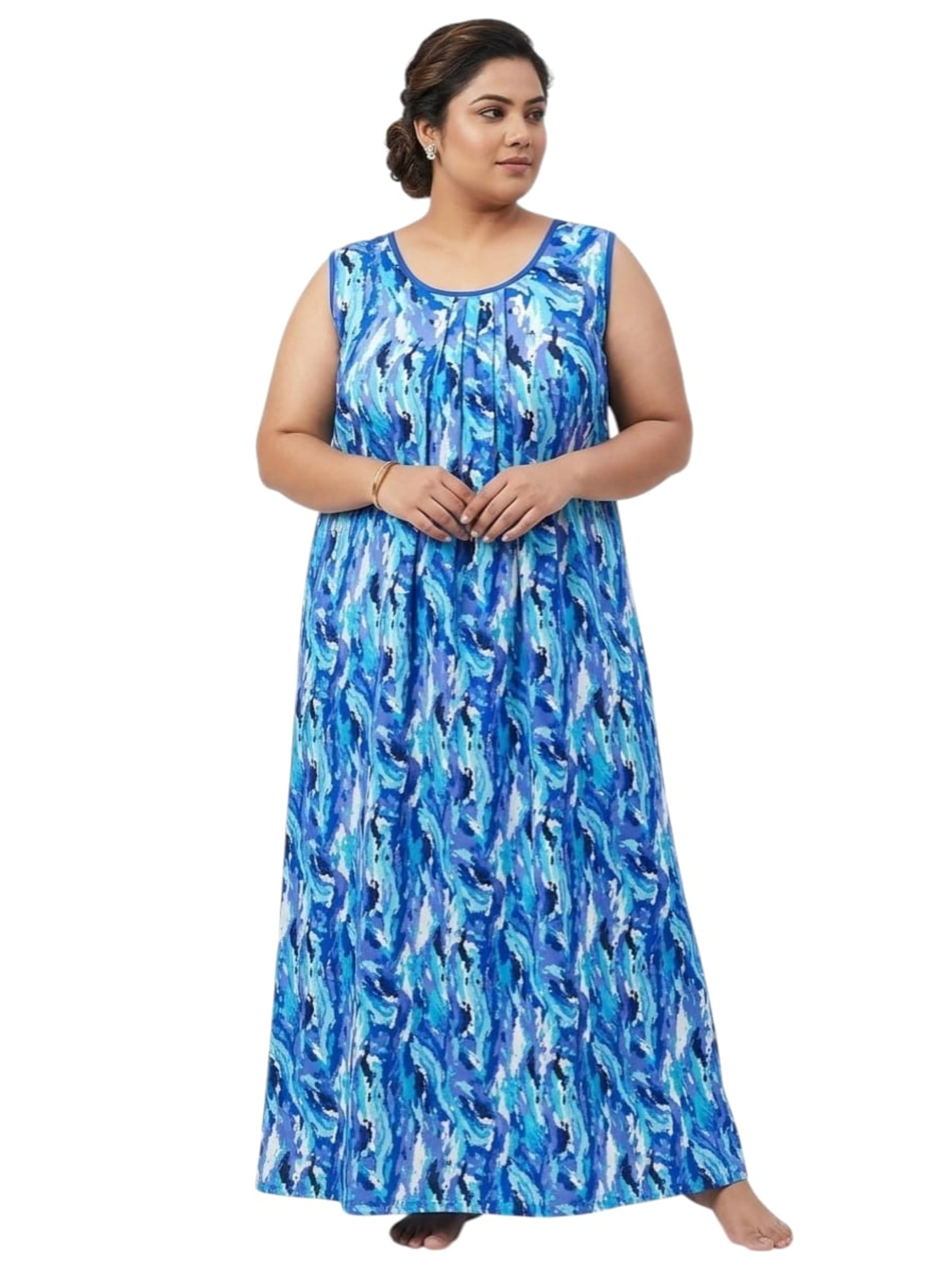 4XL - Plus Size Sleeveless Nightie for Women, Blue Lahariya Print, Rayon Fabric, Maxi Length Nightdress-image-7