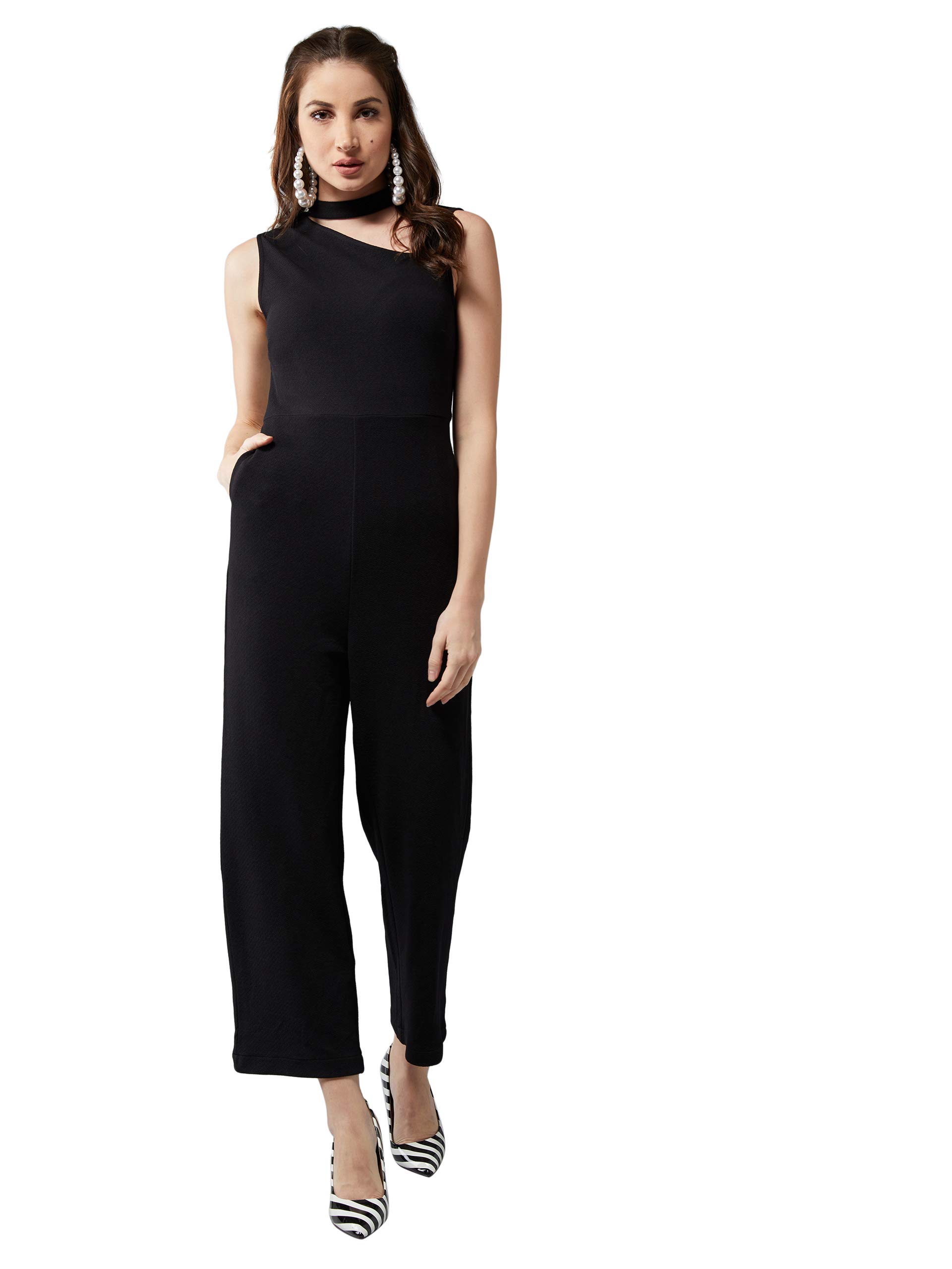 dolce crudo Women's Black V-Neck Sleeveless Solid Wide Leg Regular Length Jumpsuit-picture-16