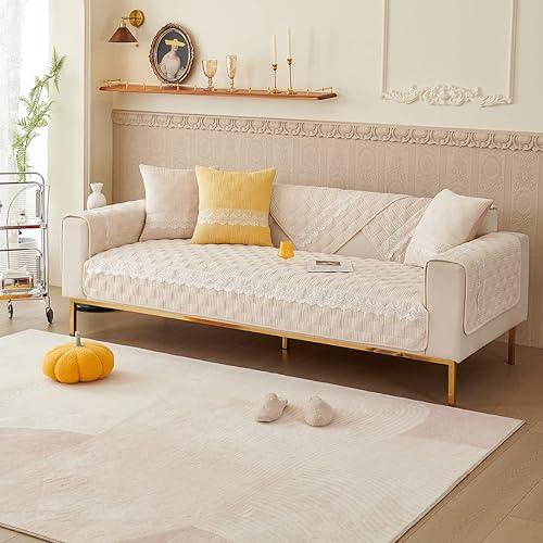 Miniatura 3 de Funda de sofá de pana suave acolchada a cuadros de color liso con decoración de encaje, funda antideslizante para sofá para niños, perros y gatos, 1