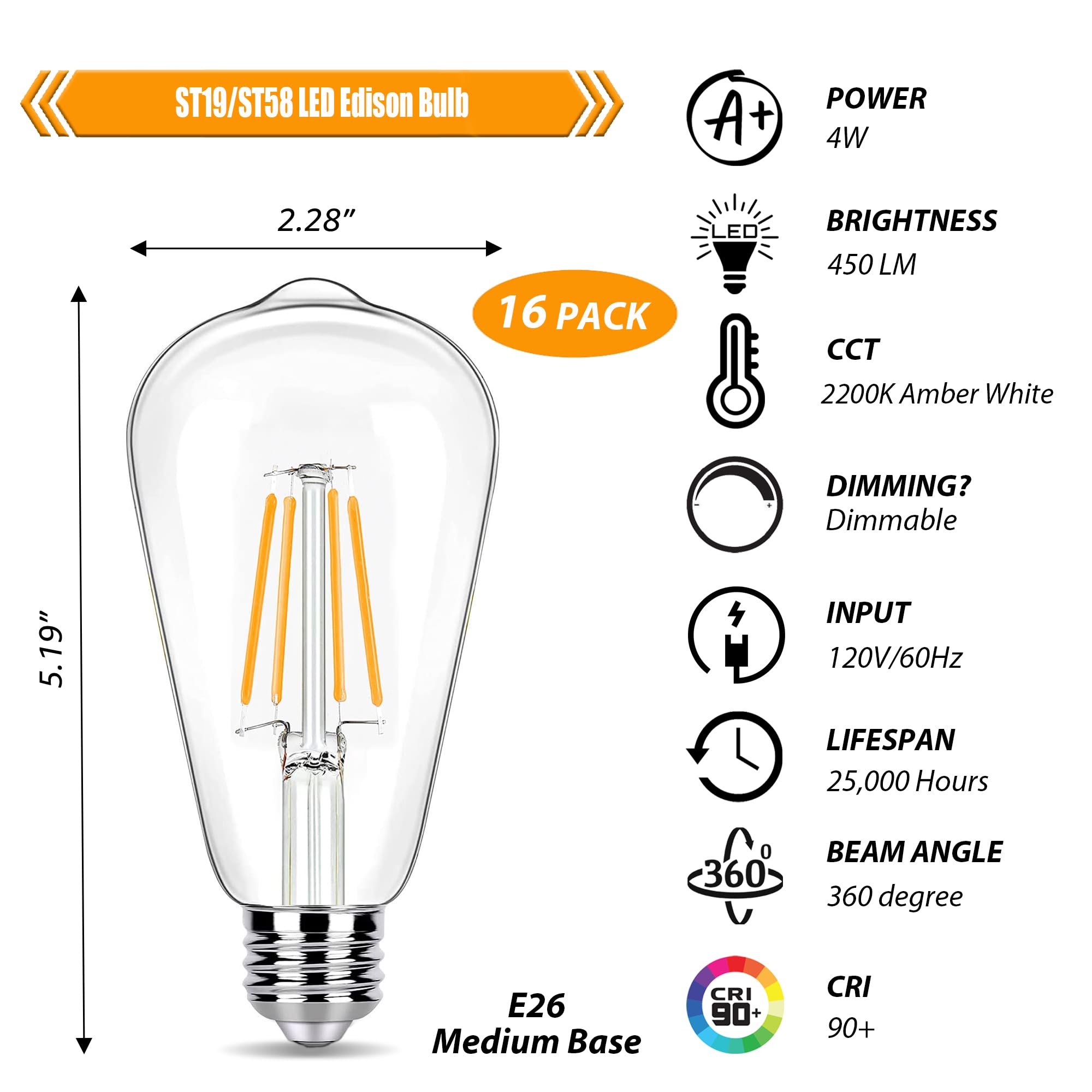 winsaLED 16 Pack LED Edison Bulbs 40W Equivalent, Dimmable 4 Watt