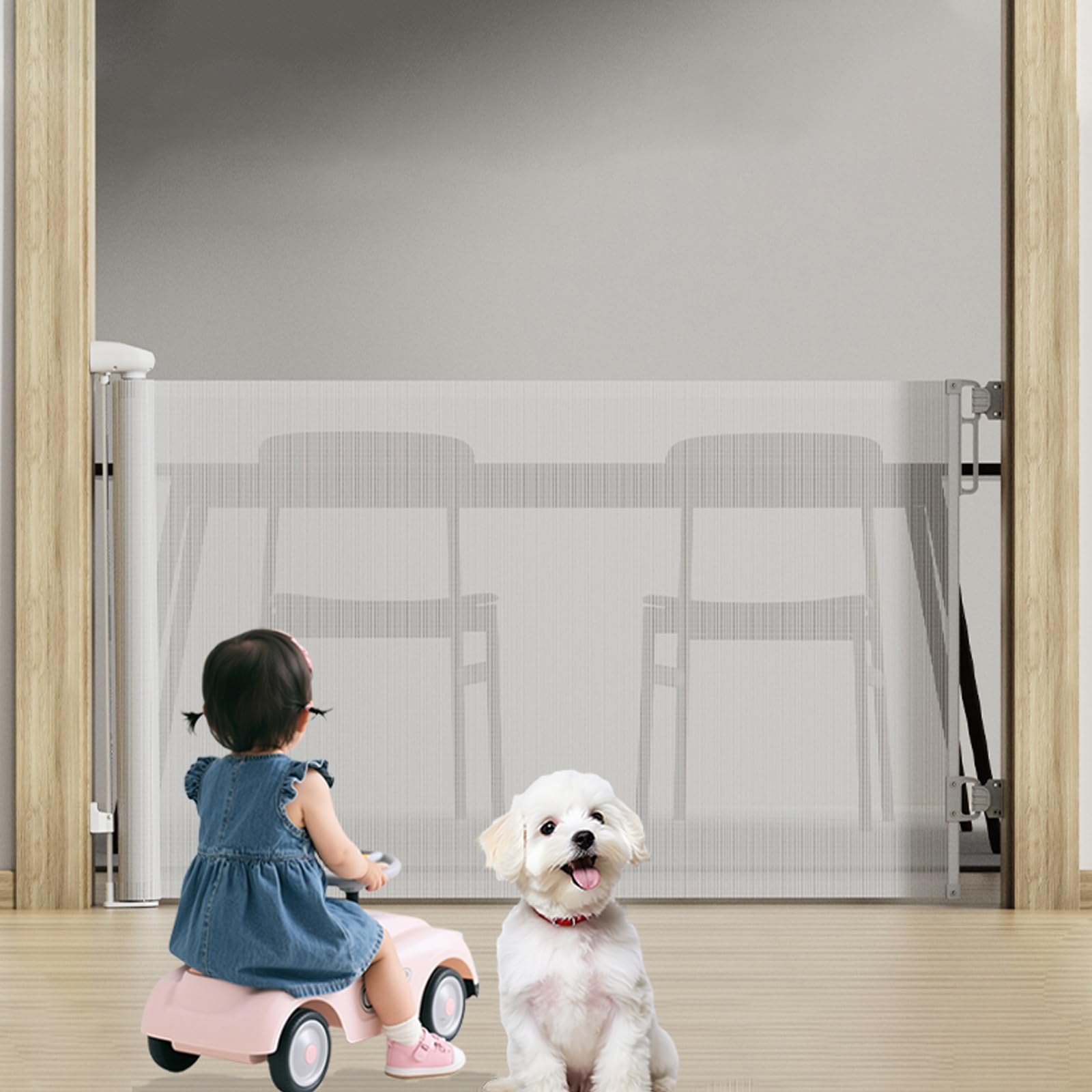 Puerta Retráctil para Bebés y Mascotas, Barrera de Seguridad Extensible Fácil de Instalar Panel de Malla Transpirable, Puerta de Escalera Retráctil para Bebé para Escaleras(Blanco,86 * 180cm)