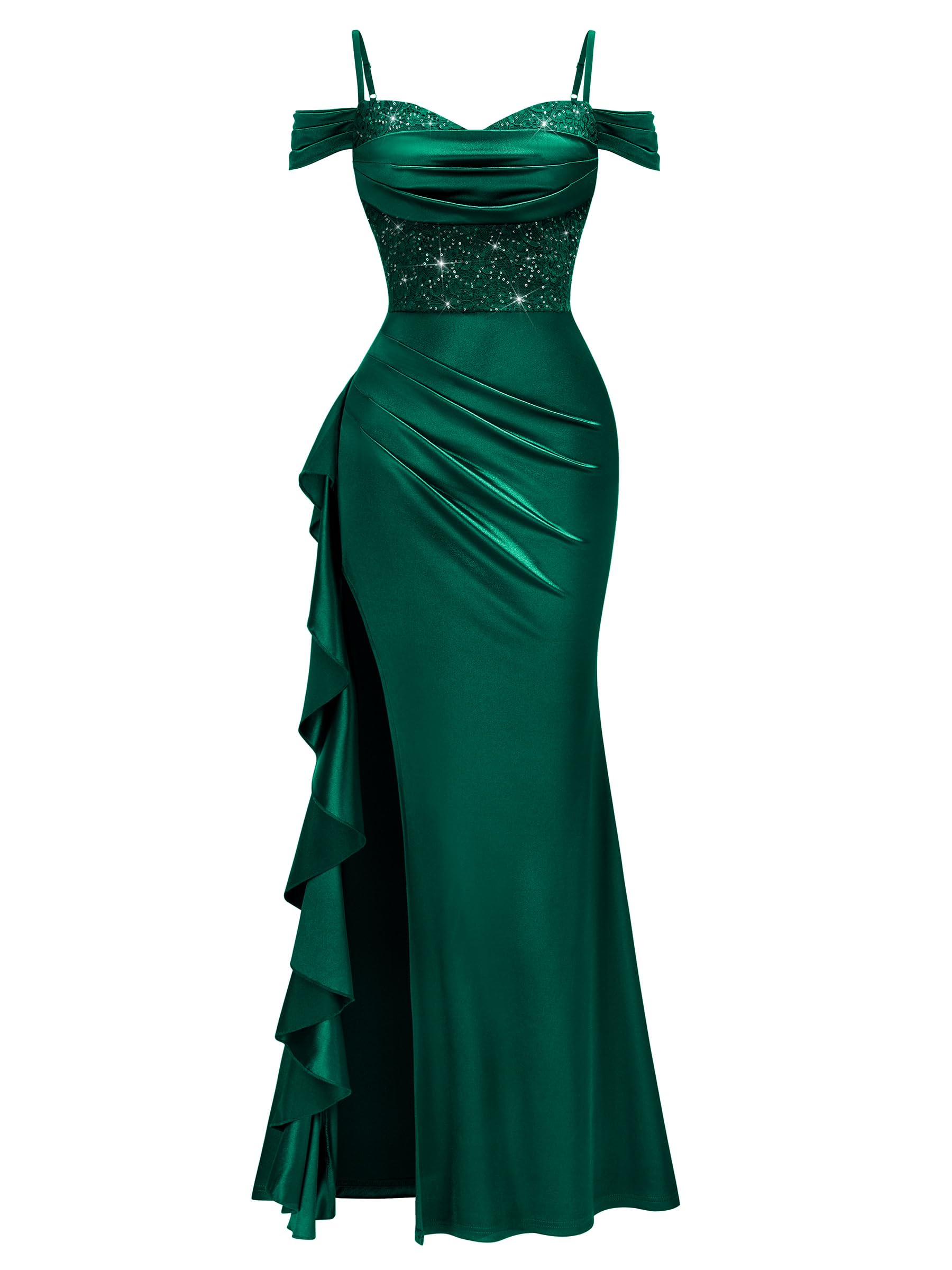 MIUSOL Abito lungo da donna, elegante, in pizzo con paillettes, con volant | Spalline sottili, design con spalle scoperte, corpetto aderente con scollo a V, orlo increspato con volant, ospite di nozze