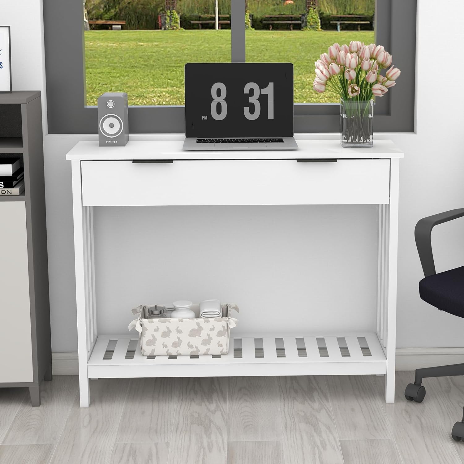 Consolle d'ingresso, armadio corridoio stretto con armadi, consolle in legno con mensola, ingresso, soggiorno, consolle tavolo, lato tavolo, credenza stretta, 30 x 100 x 75,5 cm, bianco - 2 ante di