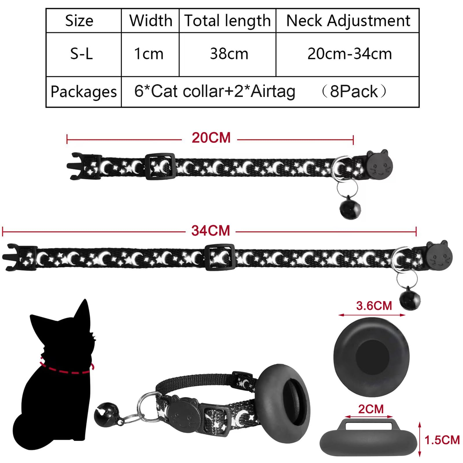 8PCS Airtag Collare Gatto Riflettenti,Collari per Gatti Antistrozzo con Campanellino,Regolabile 20-34 cm,Sicuro,Nylon, Accessori Animali Domestic (star)