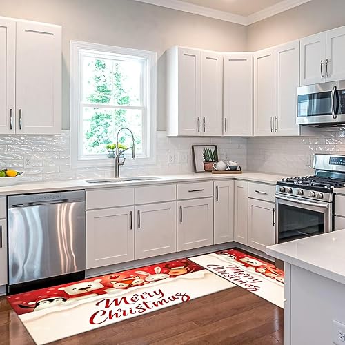 Miniatura 9 de Juego de 2 alfombras de cocina de Navidad, tapete de regalo de Feliz Navidad, antideslizante, lavable, copos de nieve, tapete para decoración