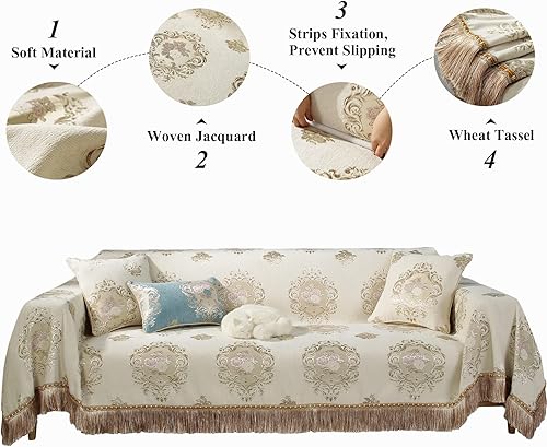 Miniatura 5 de STACYPIK Funda de sofá de damasco jacquard duradera, funda de sofá bohemia para sofá de 3 cojines, funda de sofá modular suave, manta para perros,