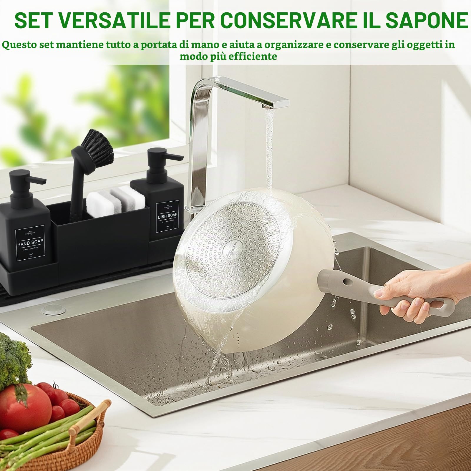 Dosatori per Sapone Liquido, Set di Dispenser Sapone Cucina, con Spugna, Spazzola e Tappetino di Drenaggio, Porta-Spugna per Lavello da Cucina, Organizer Lavello Cucina, Nero