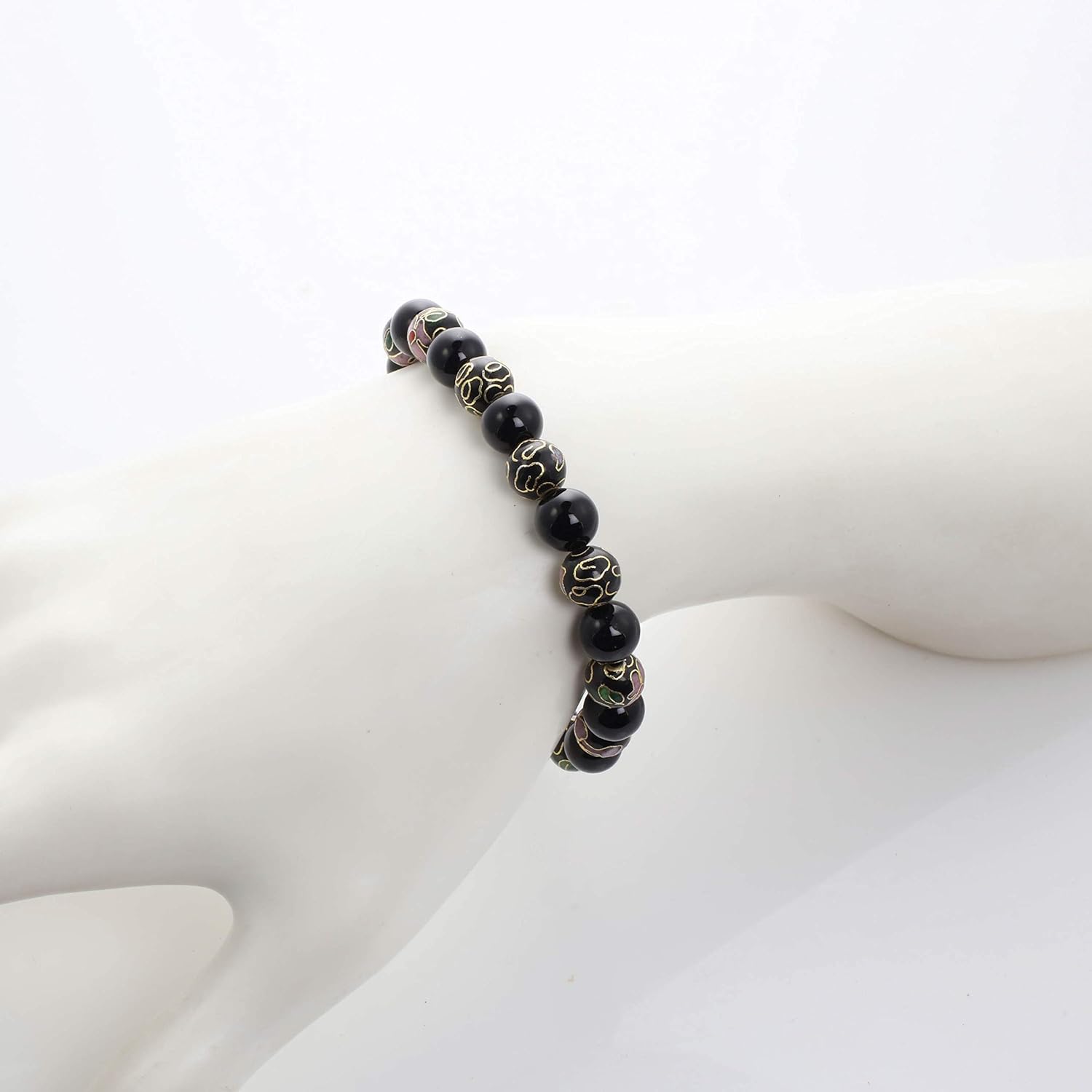 LTC Designs Black Onyx and Black Cloisonné Bead Stretch Bracelet, 7.5" for women