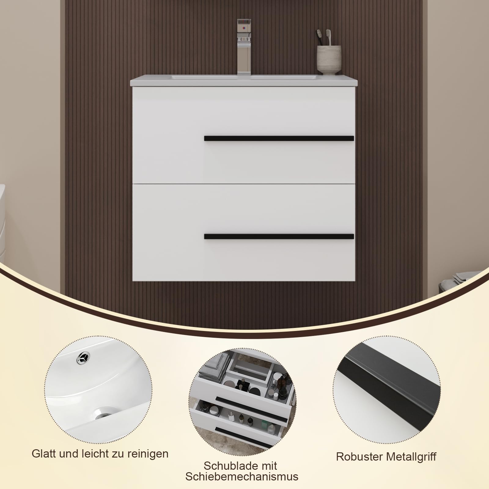 Waschbecken mit Unterschrank 60 cm breit, Waschbeckenunterschrank, Badmöbel Set für Gäste-WC, Hängender Waschtisch mit Keramikwaschbecken, Weiß Hochglanz Badmöbel mit 2 Soft-Close-Schubladen
