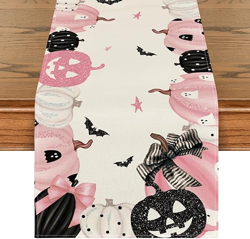 Miniatura 8 de Artoid Mode Camino de mesa rosa Jack-O-Lantern de calabaza murciélago de Halloween, decoración de mesa de comedor de cocina de temporada para