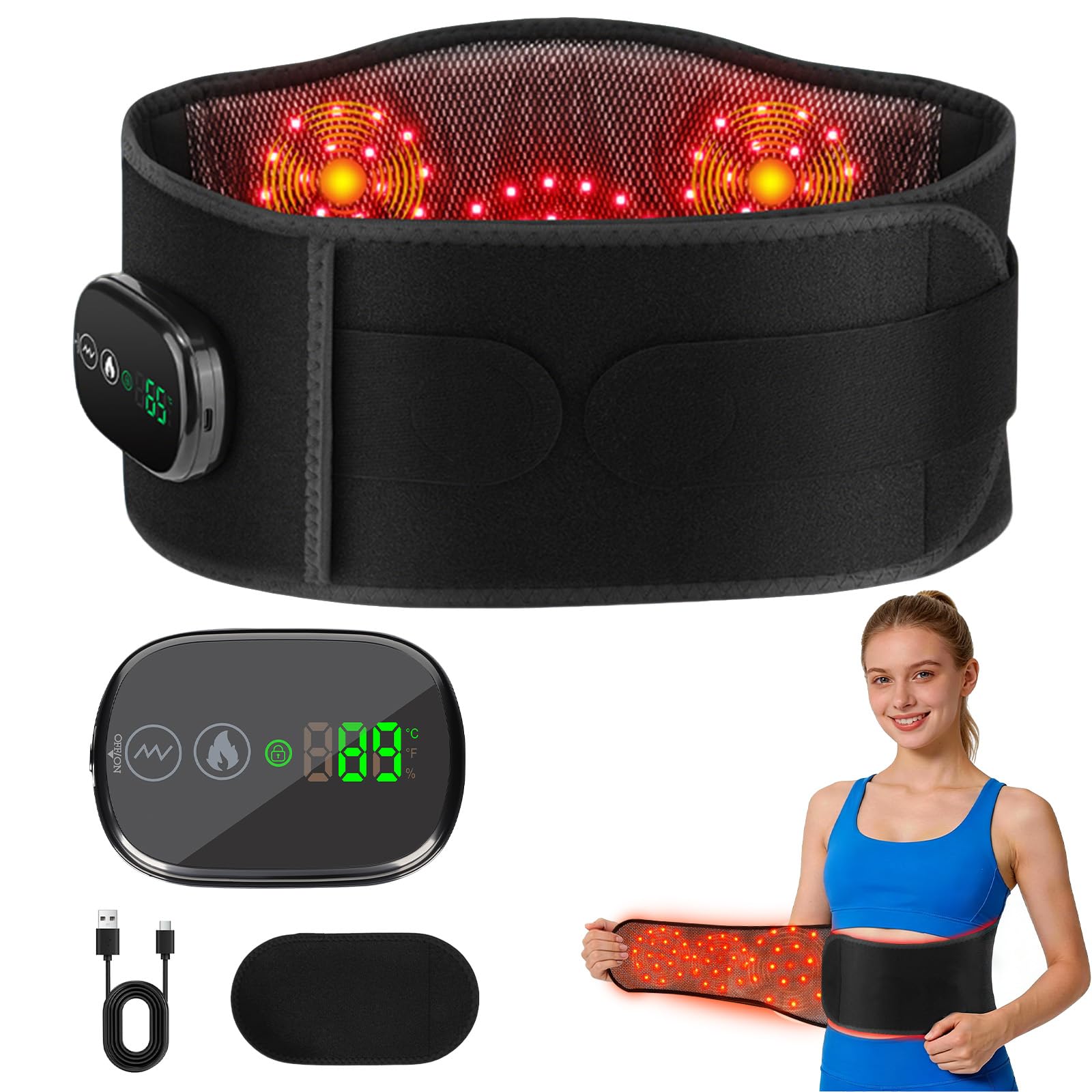 Longzhuo Cinturón de terapia de luz roja con masaje de calor y vibración, 5 temperaturas y 5 modos, almohadilla térmica portátil de 5000 mAh para espalda, hombros, abdomen, alivio del dolor de piernas