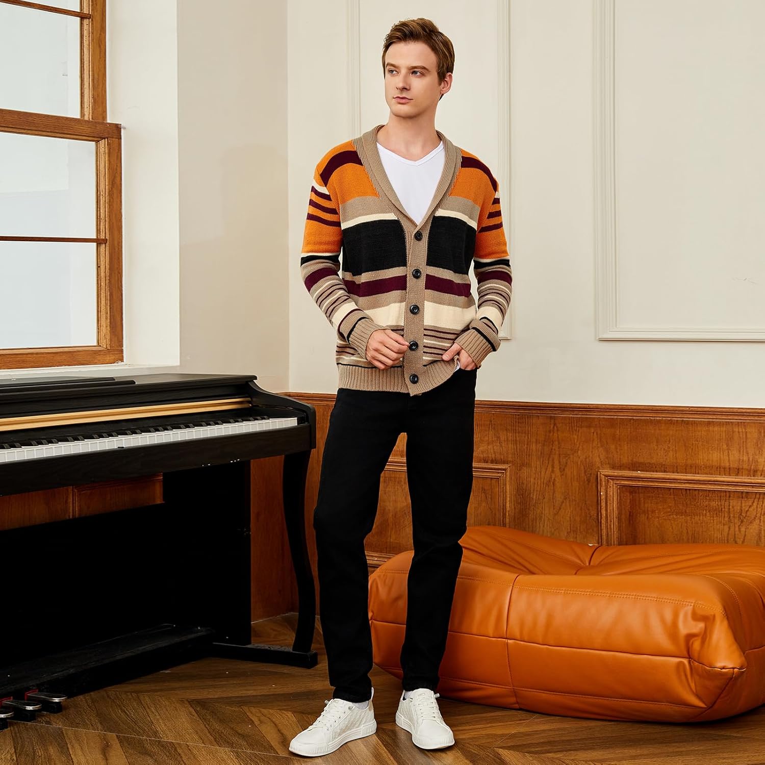 Men's Casual Cardigan Sweater Long Sleeve Casual V Neck Button Down Cable Knitted Sweater - Image 5