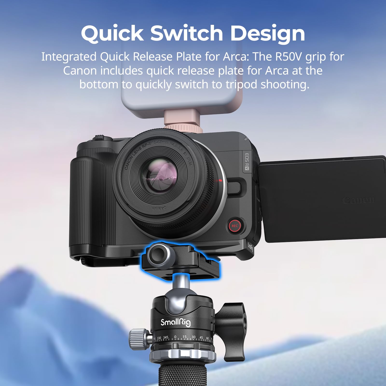 SMALLRIG R50 V Uchwyt w kształcie litery L do Canon R50V z płytką szybkiego zwalniania do Arca, lekki żebrowany uchwyt boczny, mocowanie na zimną stopkę, otwory gwintowane 1/4"-20(czarny) - 5429