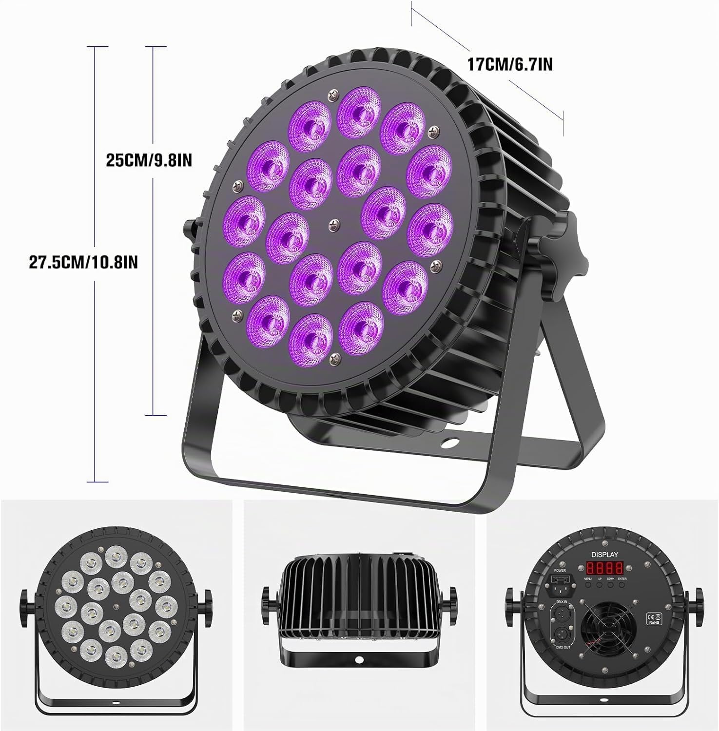 4PCS RGBWA UV Focos Par LED 200W, 18 LED Luces Escenario con D MX 7/10CH y Modo Estroboscópico, Luz DJ Profesionales para Discoteca Bar Fiesta Bodas Espectáculos Navidad Halloween