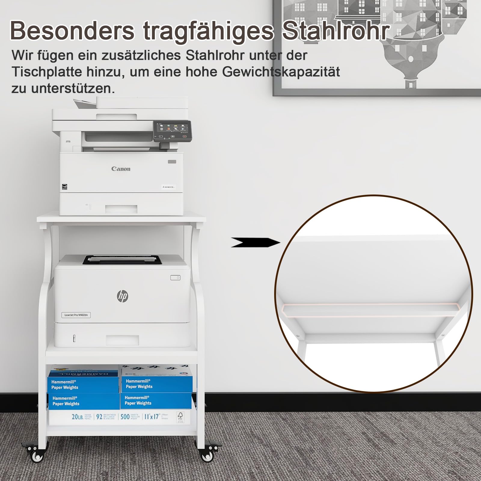 PUNCIA 3-Ebenen Druckertisch höhenverstellbar 60 x 50 cm Druckerständer | Mobiler Druckerhalter mit Rollen Druckwagen aus Holz & Metall für Großen Drucker für Arbeitszimmer Büro Office Weiß