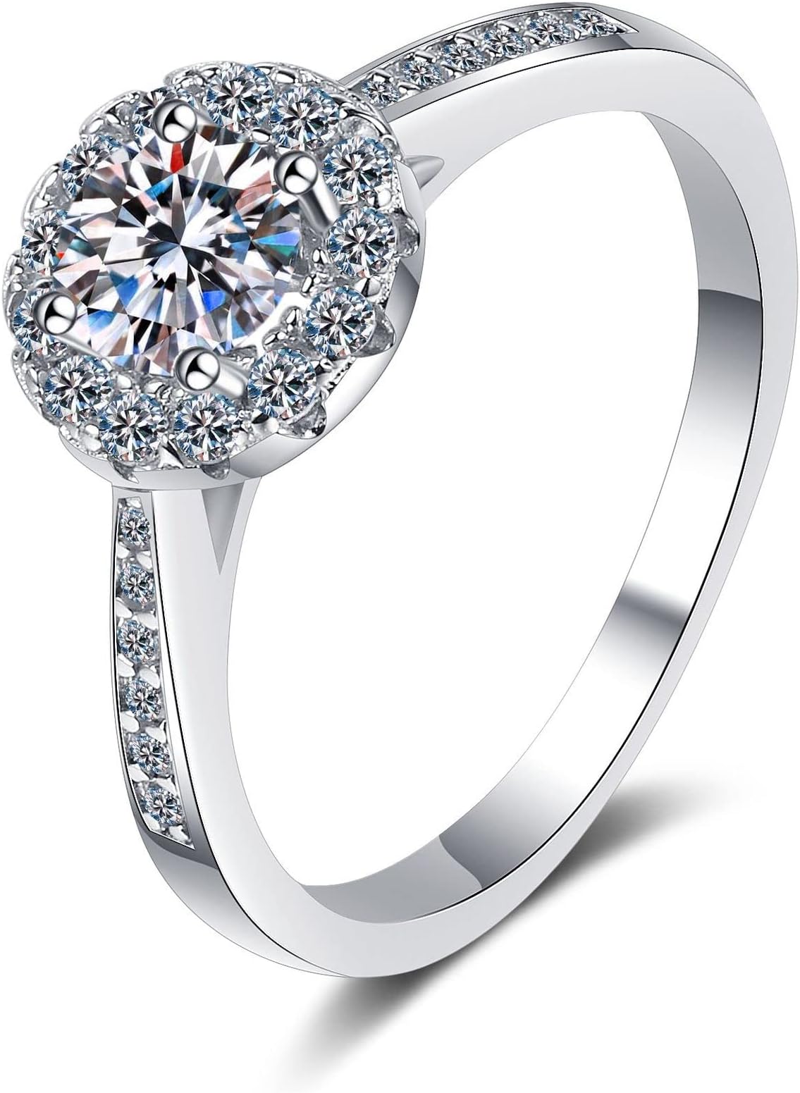 1-2 Carat Moissanite Round Cut/Shape Classic Yet Unique Halo Style Pave Set Diamond Engagement Ring Sterling Silver with 18K White Gold Plated Moissanite Ring for Women, Stone, Moissanite