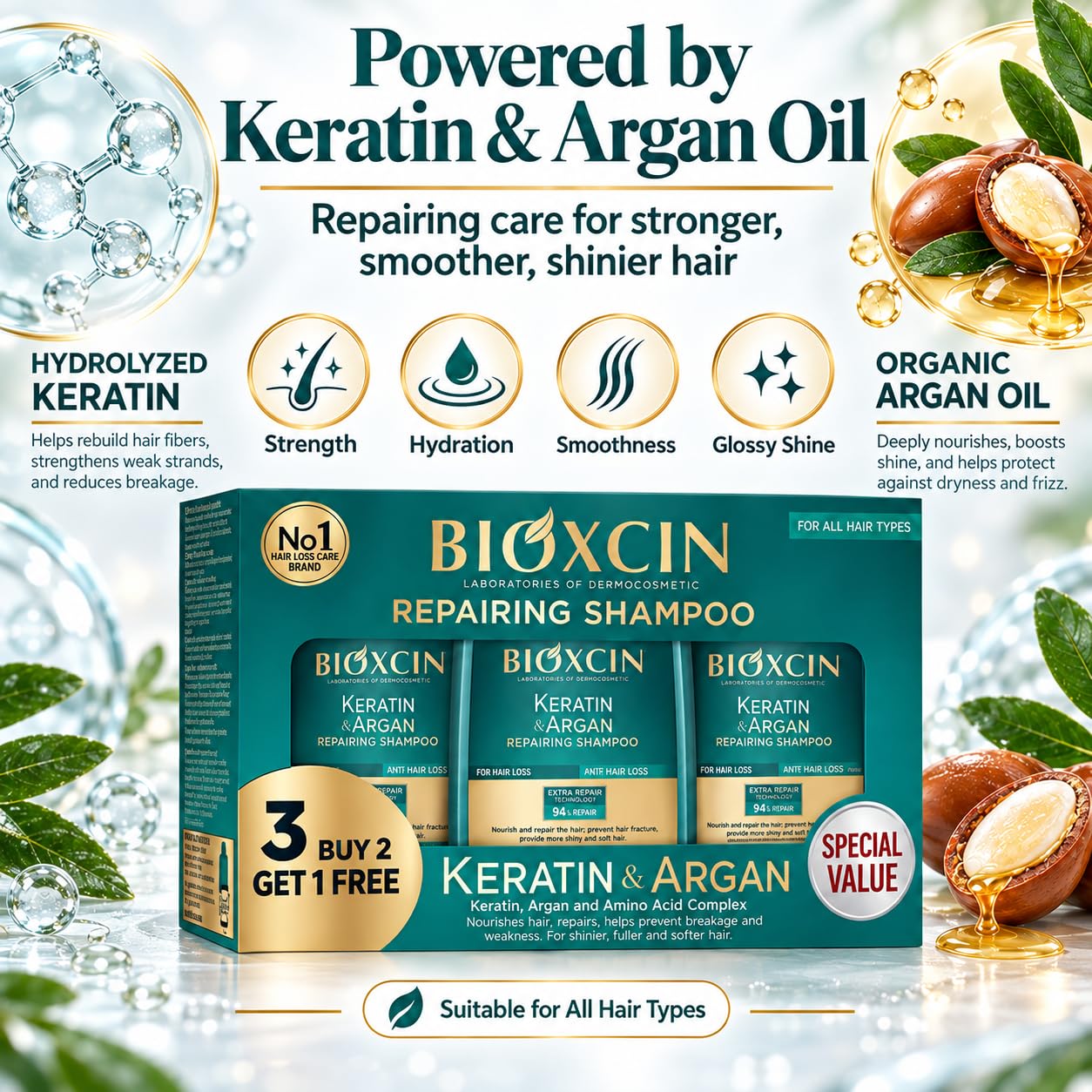 Bioxcin Keratin & Argan Reparatur-Shampoo 5er Set 3x300ml