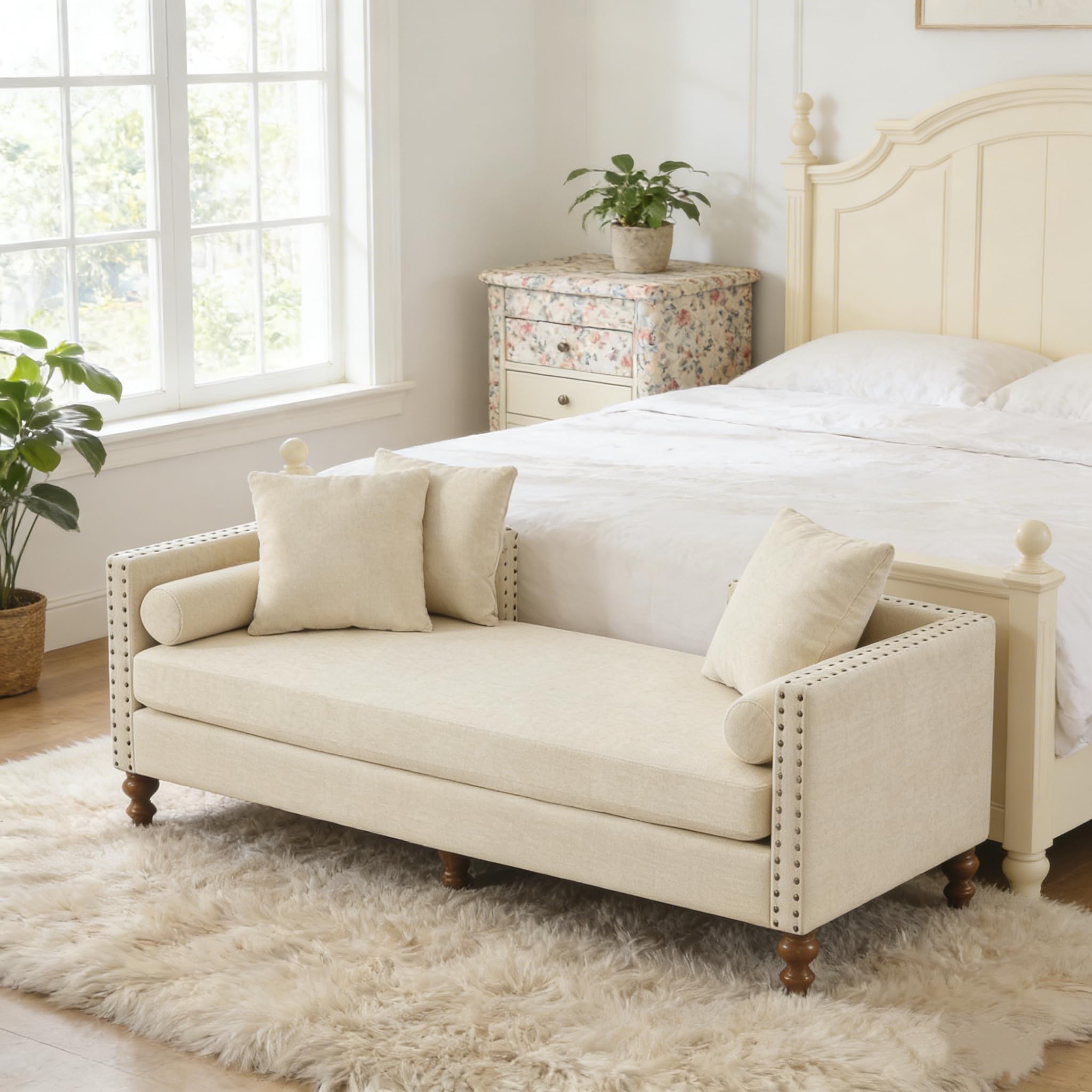 Sinzho & Wiyfun 75.2" Upholstered King Size End of Bed Bench Chenille Long Chaise Lounge Bench with Arms & Pillows for Bedroom Living Room, Beige